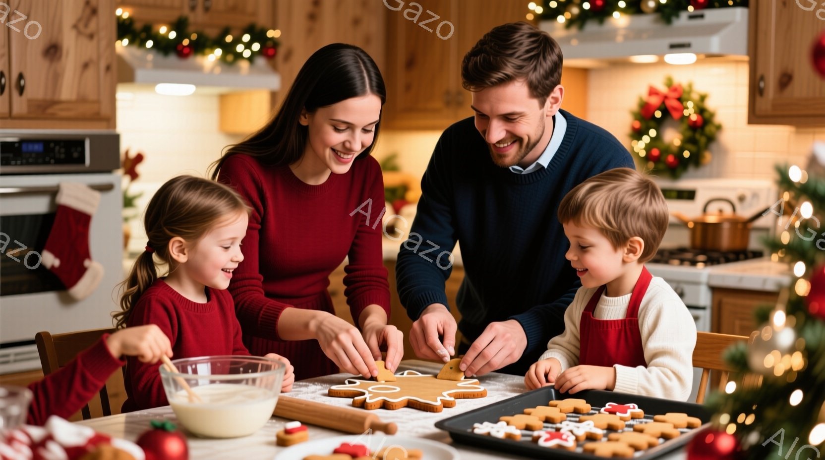 クリスマスシーズンを象徴する温かい光景です。金髪の少女と少年が赤いエプロンをつけ、クリスマスツリーの横のキッチンでジンジャーブレッドクッキーをデコレーションしています。母親と父親は微笑みながら、子供た - AI生成フリー素材