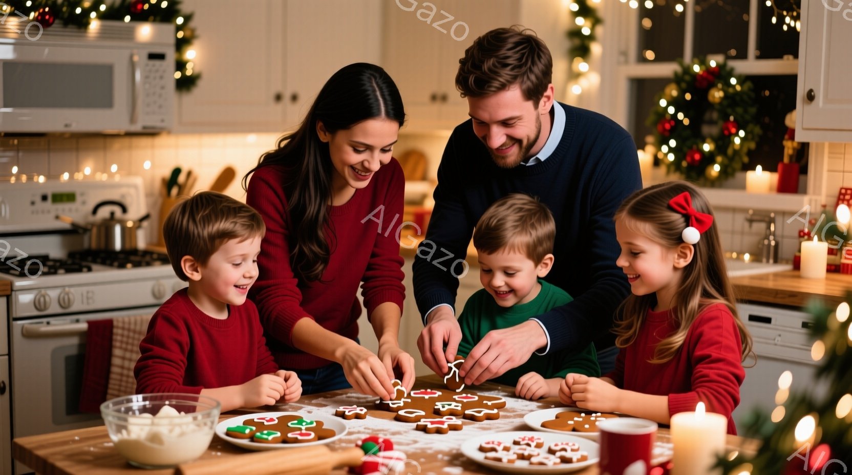 クリスマスシーズンを象徴する暖かいキッチンで、母親、父親、そして二人の子供たちがクッキーのデコレーションを楽しんでいる様子が描かれています。母親は赤いセーターを着て笑顔でクッキーを飾り、父親は緑色のセーターを着て、息子と一緒にデコレーションを手伝っています。背景にはクリスマスツリーやキャンドルが飾られ、家族の温かい雰囲気が伝わってきます。