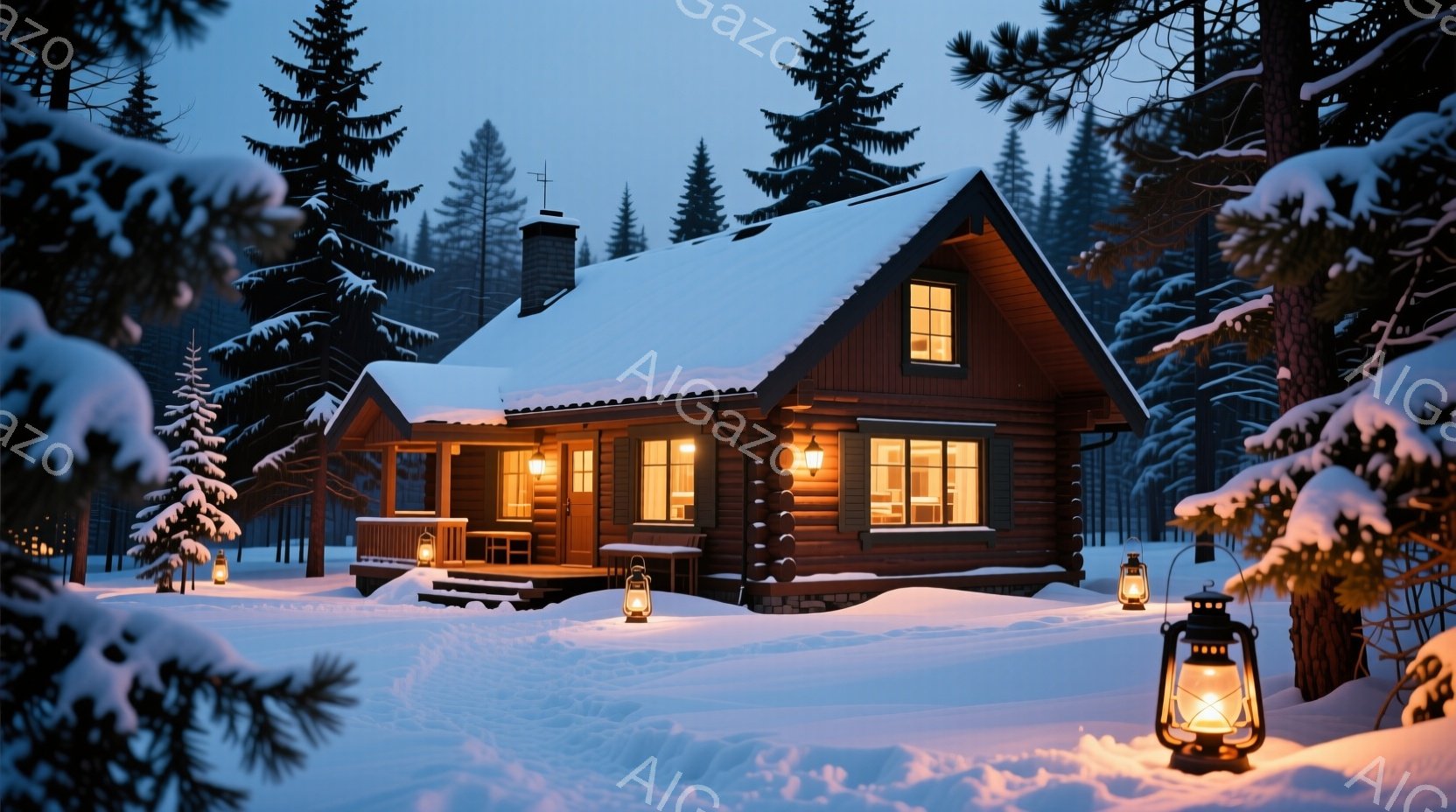 雪に覆われた木造のコテージが、暖かい光を放ちながら静かに佇んでいます。周囲は針葉樹林に囲まれ、雪の積もった地面にはコテージへと続く足跡がわずかに見えます。ランタンの優しい光が雪景色を照らし、暖かく静謐 - AI生成フリー素材