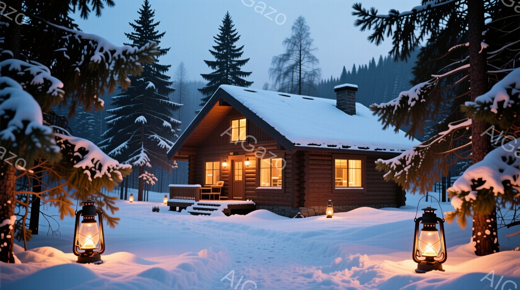 凍てつく冬の森の中に佇む、ログハウスが印象的な光景です。雪に覆われた屋根と壁、そして窓から漏れる温かい光が、静寂の中に暖かさを添えています。周囲には雪に覆われた木々が立ち並び、提灯が暖かく照らし出す雪道が、幻想的な雰囲気を醸し出しています。