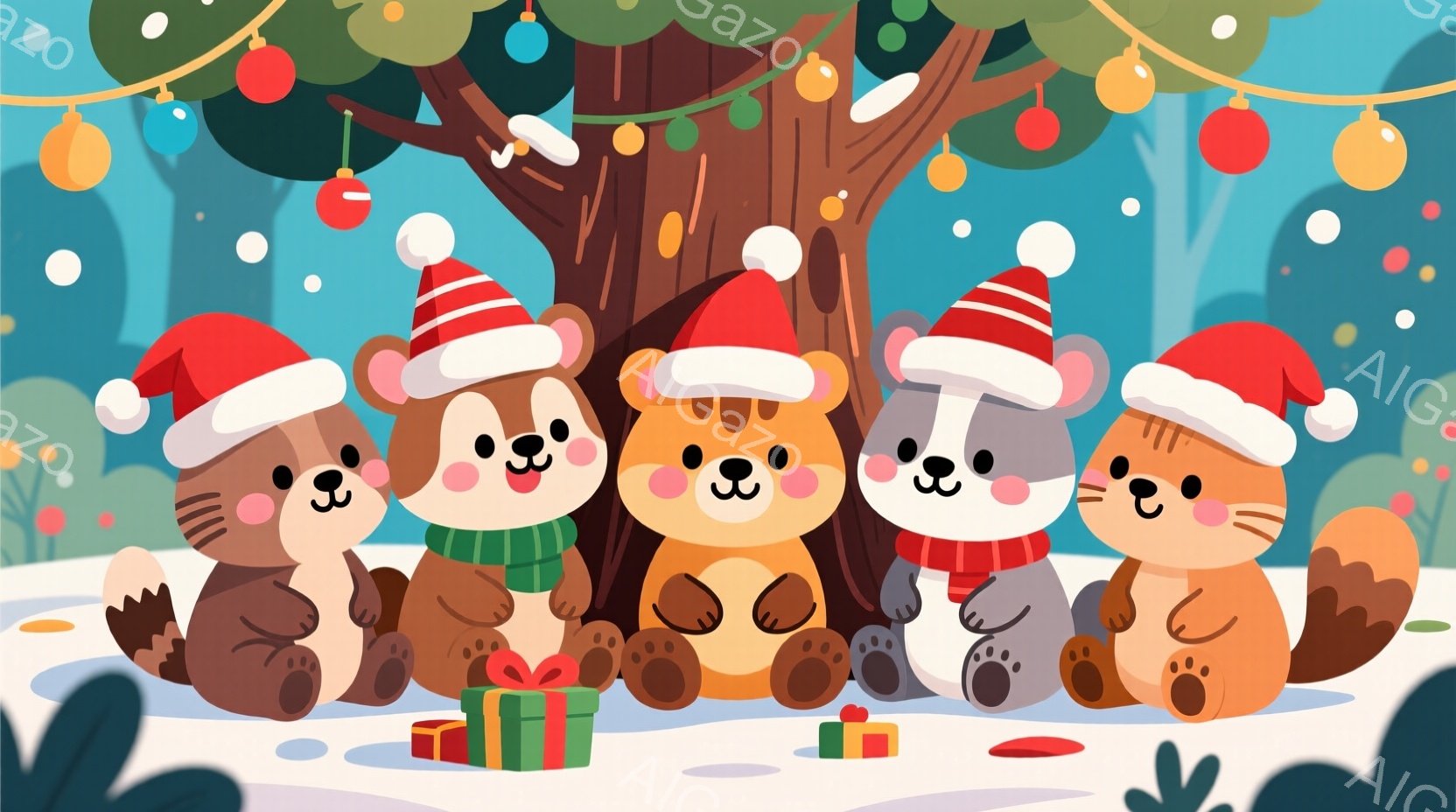クリスマスの帽子をかぶった5匹の動物たちが、クリスマスツリーの根元に座ってプレゼントに囲まれています。それぞれの動物は異なる毛色と表情をしており、緑色のマフラーを巻いたクマや、笑顔のキツネなどが描かれ - AI生成フリー素材