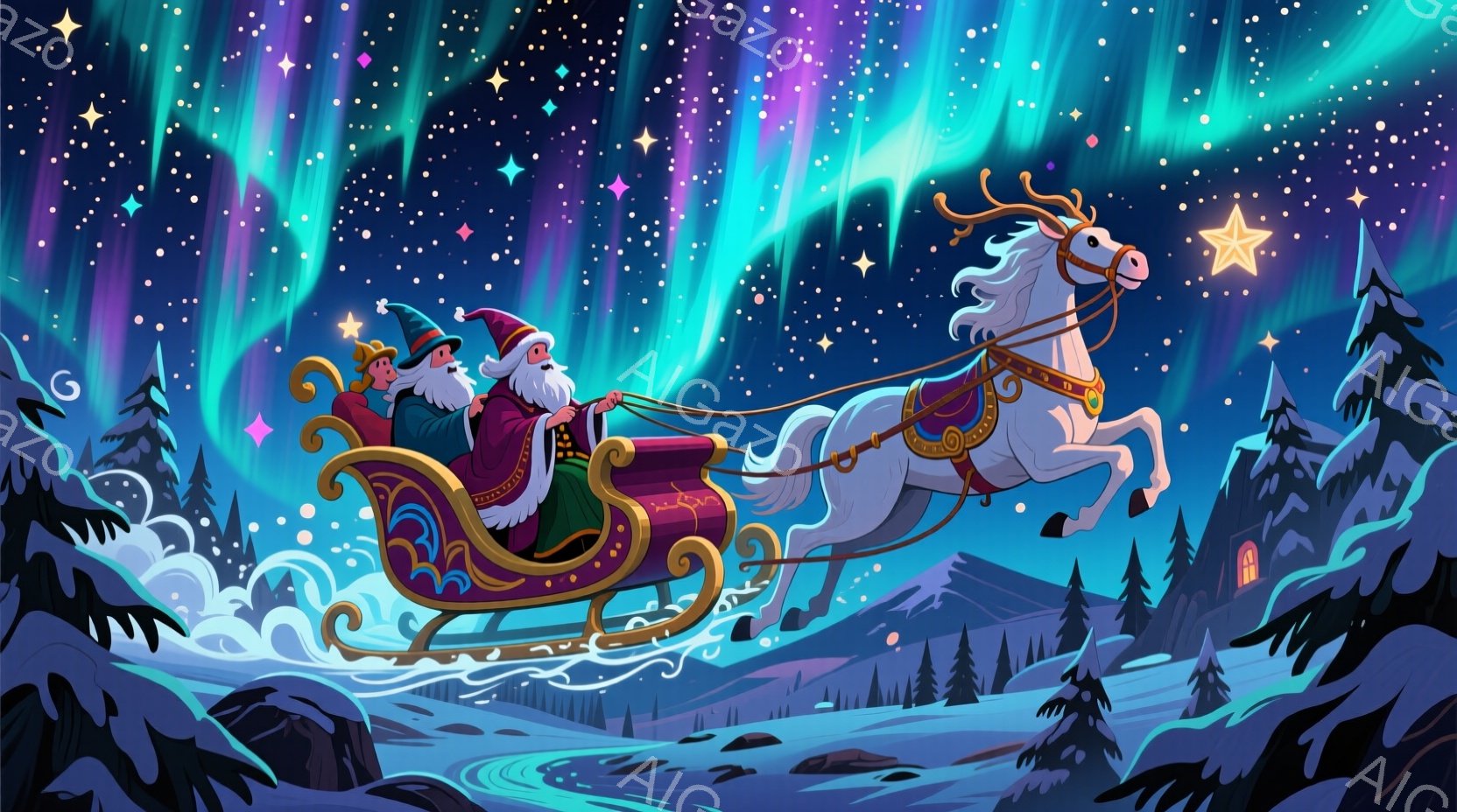 雪原を駆け抜けるソリと、それに乗った二人の人物が描かれています。ソリを引く白い馬は躍動感があり、ソリに乗る人物たちは赤い衣装を身につけ、楽しそうな表情をしています。背景には雪に覆われた山々と、オーロラが広がり、ファンタジーで暖かく、祝祭的な雰囲気が漂っています。