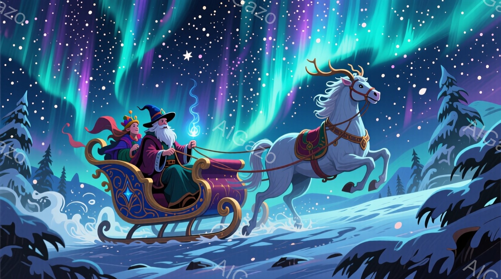 白い毛並みの馬が雪景色の中をそりを引いている。そりには、黒い帽子をかぶった若い女性と、長い白ひげを蓄えた老人が座っており、老人は手綱を握り、女性は嬉しそうに微笑んでいる。背景には、暗い緑色の森と、オー - AI生成フリー素材