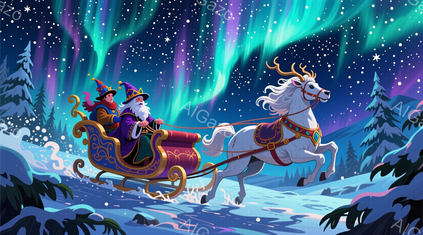 雪景色の中に、装飾的なソリが描かれています。ソリには、深い紫色のローブと帽子をかぶった2人の人物が乗っており、前方の老人は白いひげを生やし、穏やかな表情をしています。背景には、緑と紫のオーロラが広がり - AI生成フリー素材