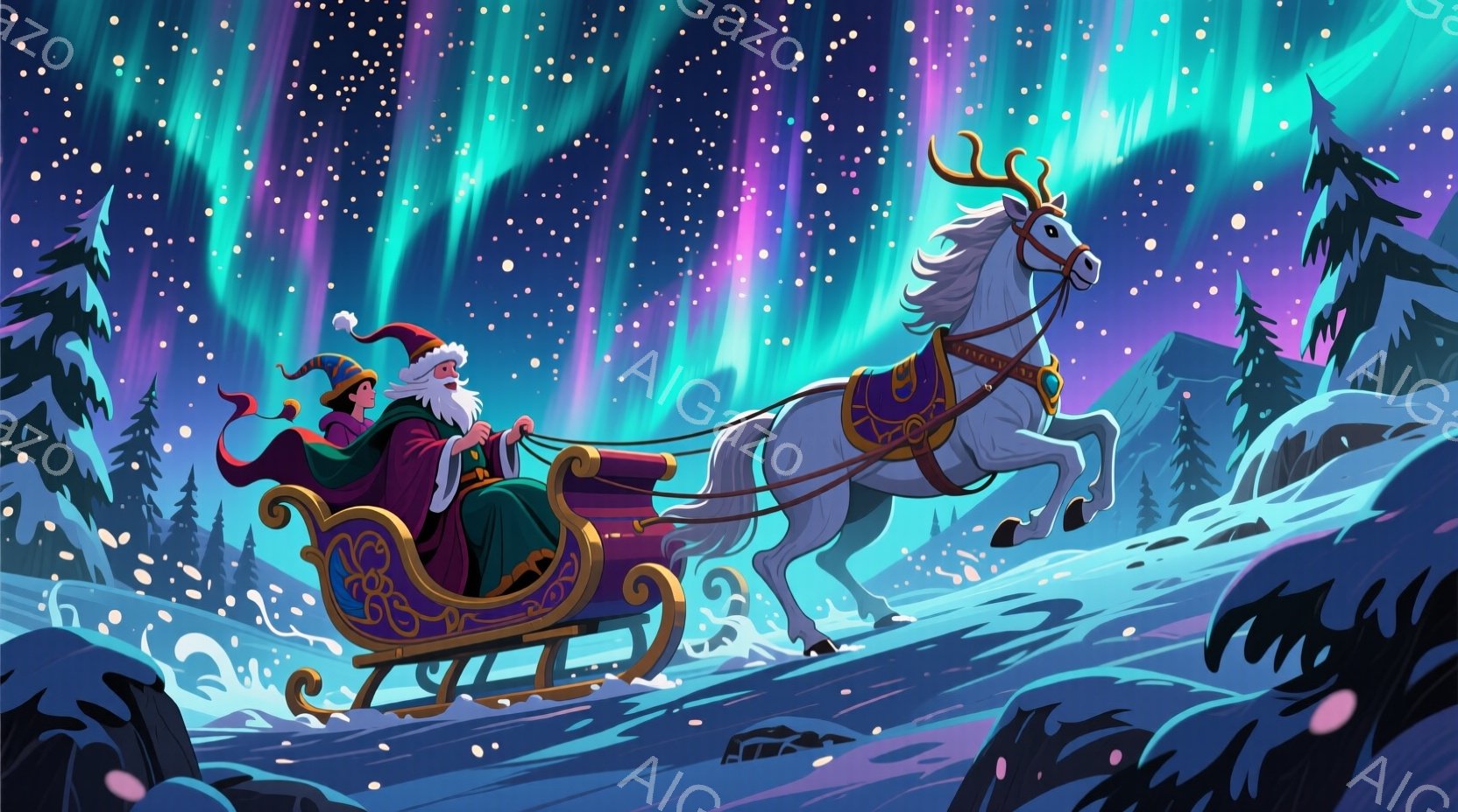 雪深い風景の中、サンタクロースとエルフがソリに乗って疾走している。サンタクロースは赤い衣装に白い髭を持ち、エルフは緑色の帽子と赤いコートを着用し、ソリを引く白い馬は力強く走り、背景にはオーロラが輝き、 - AI生成フリー素材