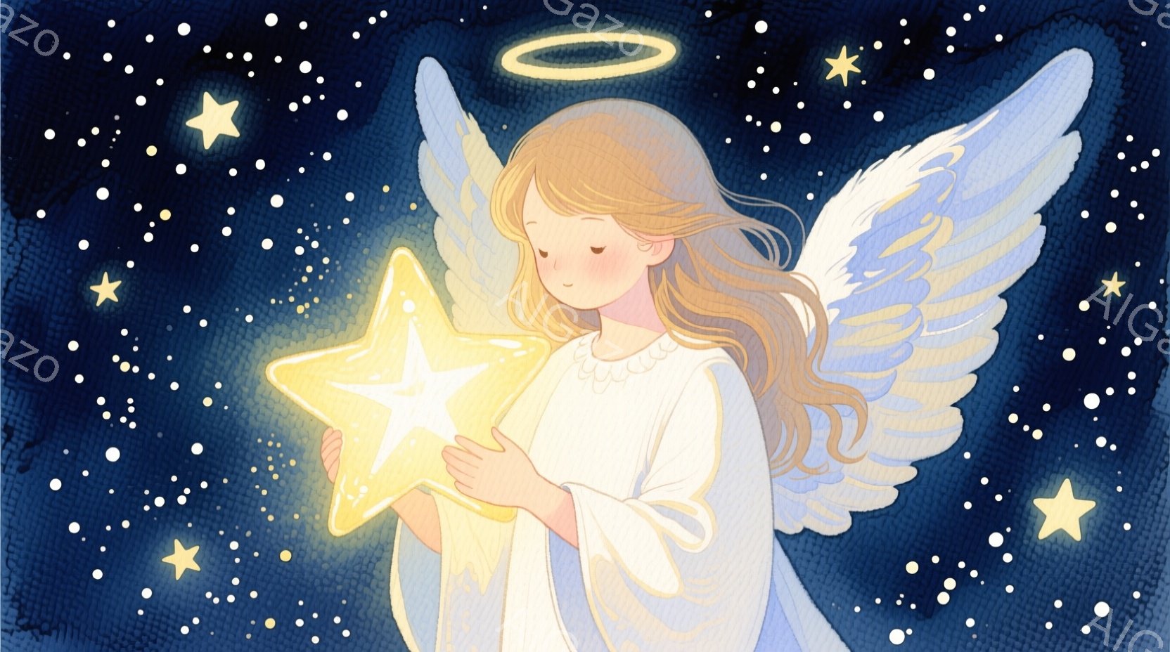 金髪の少女が、白く光る大きな星を両手で抱きしめています。淡い水色のドレスのような衣装を身につけ、背中にはふんわりとした羽が広がっています。背景は暗い夜空で、小さな星が無数に散りばめられ、全体的に幻想的 - AI生成フリー素材