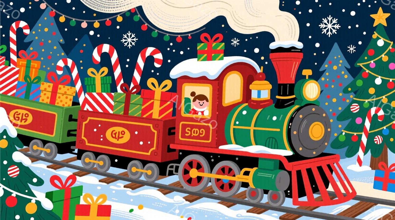 クリスマスをテーマにしたイラストで、プレゼント箱で飾られた緑と赤の列車が描かれています。運転手は赤い帽子と青い服を着ており、幸せそうな表情をしています。背景にはクリスマスツリーや雪が舞っており、お祝いムードに満ちた冬の景色が広がっています。