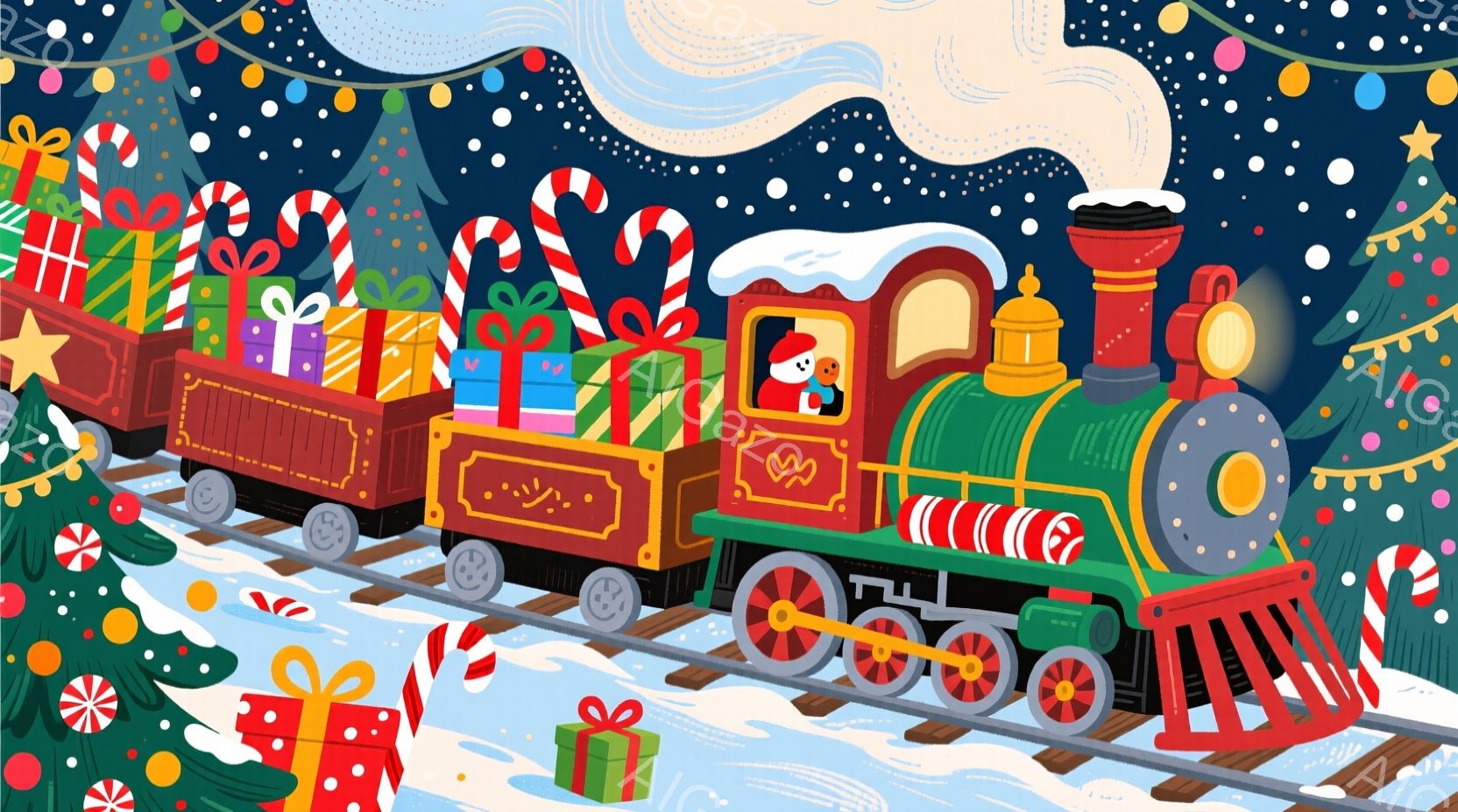 クリスマスをテーマにしたイラストで、プレゼントでいっぱいの列車が雪の中を走っています。列車の運転手はサンタ帽をかぶり、嬉しそうな表情をしています。背景にはクリスマスツリーや雪が降り積もっており、お祝い - AI生成フリー素材