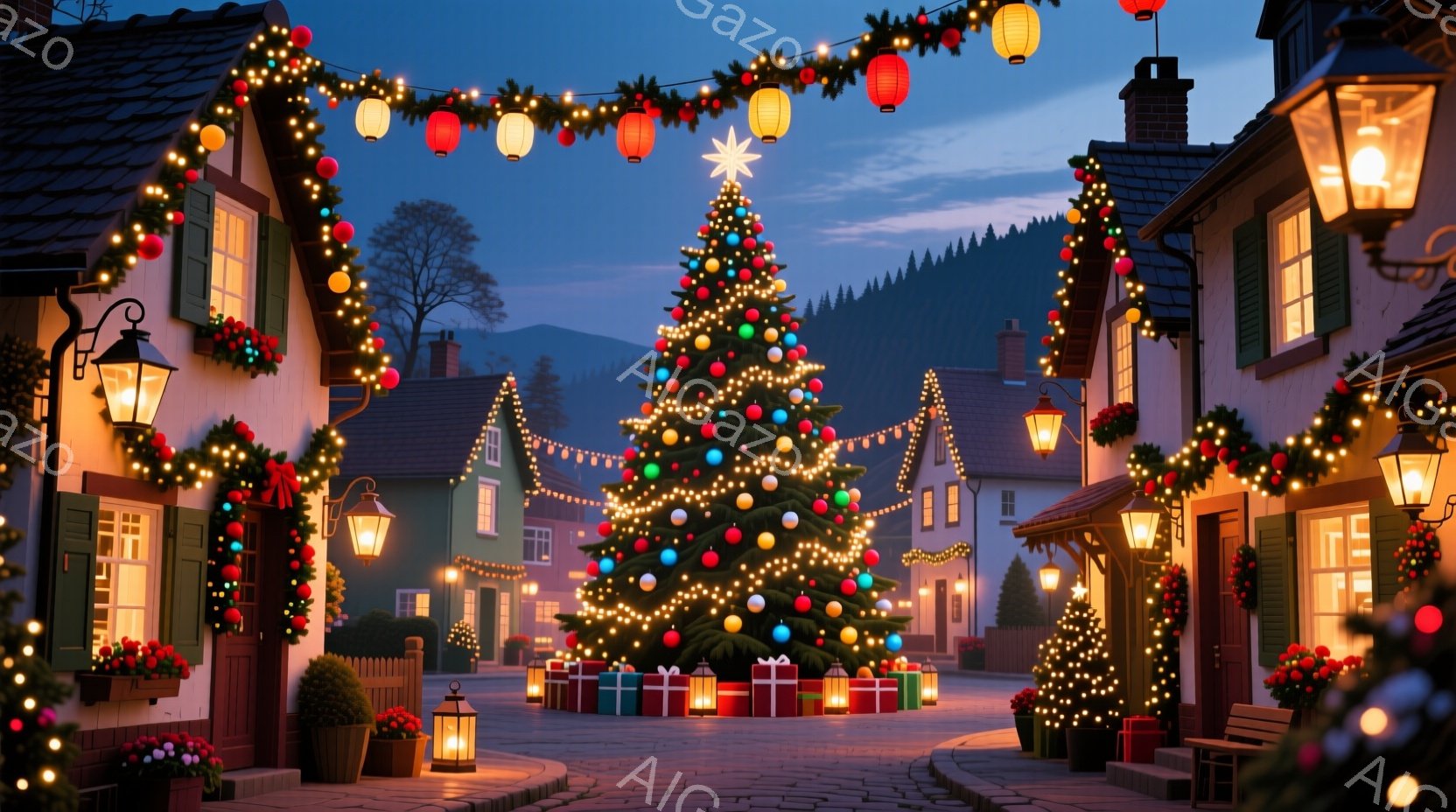 街の中心に高くそびえ立つクリスマスツリーが印象的な光景です。周囲の建物は飾り付けられ、窓からは温かい光が漏れ、クリスマスの飾り付けが施された小さな木々が並び、暖かくお祝いの雰囲気を醸し出しています。背 - AI生成フリー素材