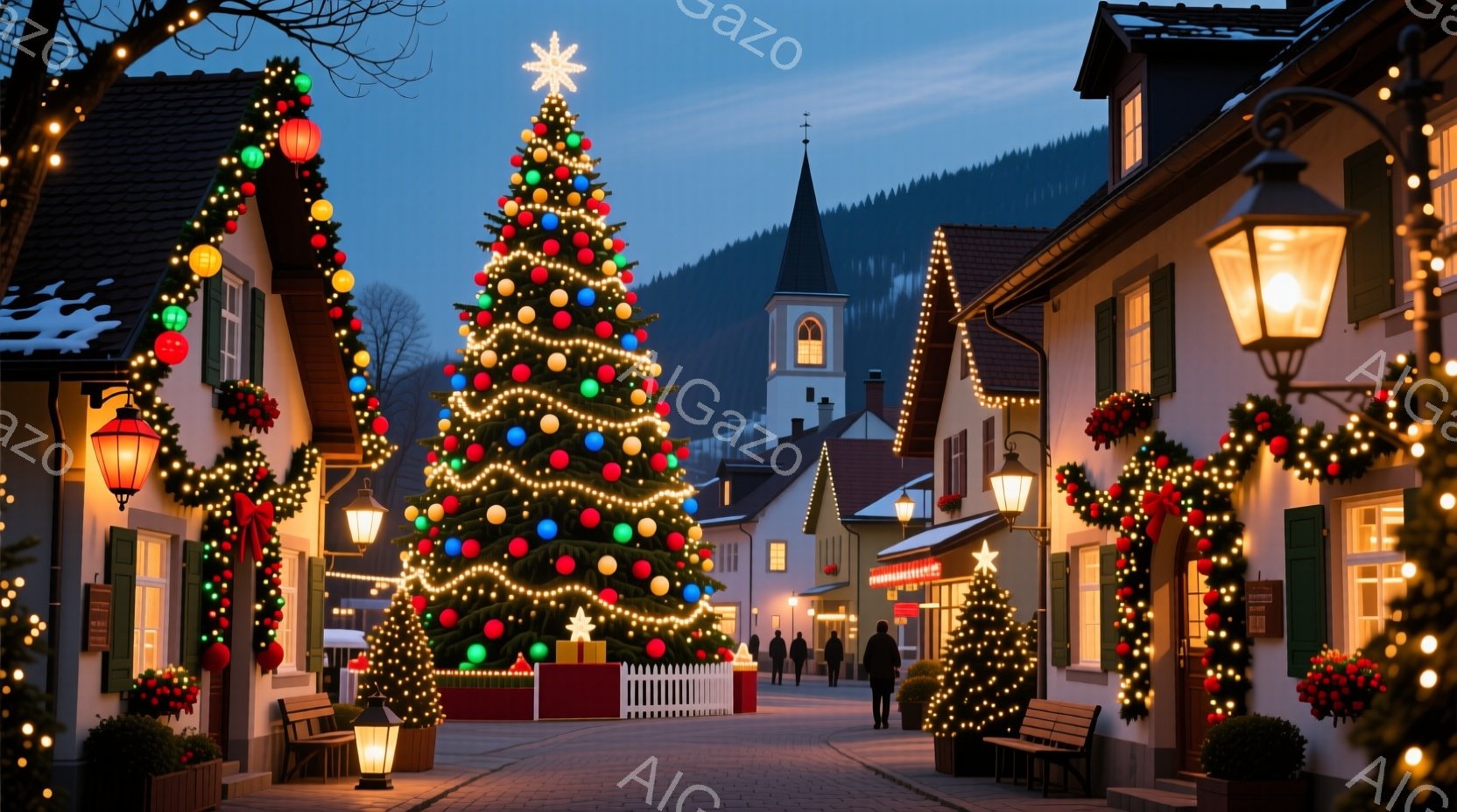 クリスマスシーズンに飾られた美しい街並みが描かれている。建物は装飾的なライトとガーランドで彩られ、中央には巨大なクリスマスツリーが輝いている。遠くには山々がそびえ立ち、穏やかな冬の空が広がっており、暖 - AI生成フリー素材