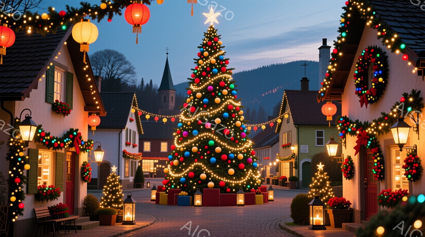 クリスマスツリーが飾られた可愛らしい村の風景です。建物はカラフルで、窓や屋根に装飾が施され、クリスマスの雰囲気を盛り上げています。背景には山々が広がり、夕暮れ時の空が穏やかな雰囲気を醸し出しています。 - AI生成フリー素材