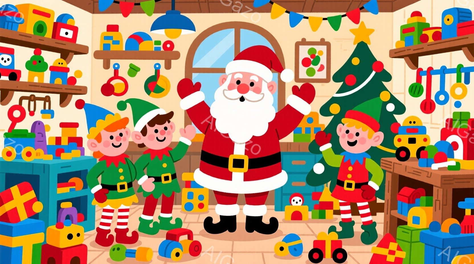 サンタクロースと3人のエルフが、おもちゃでいっぱいの部屋にいます。サンタクロースは赤いスーツと帽子を身につけ、腕を広げて笑顔を見せています。背景には、積み木や車などのおもちゃが並び、クリスマスツリーが - AI生成フリー素材