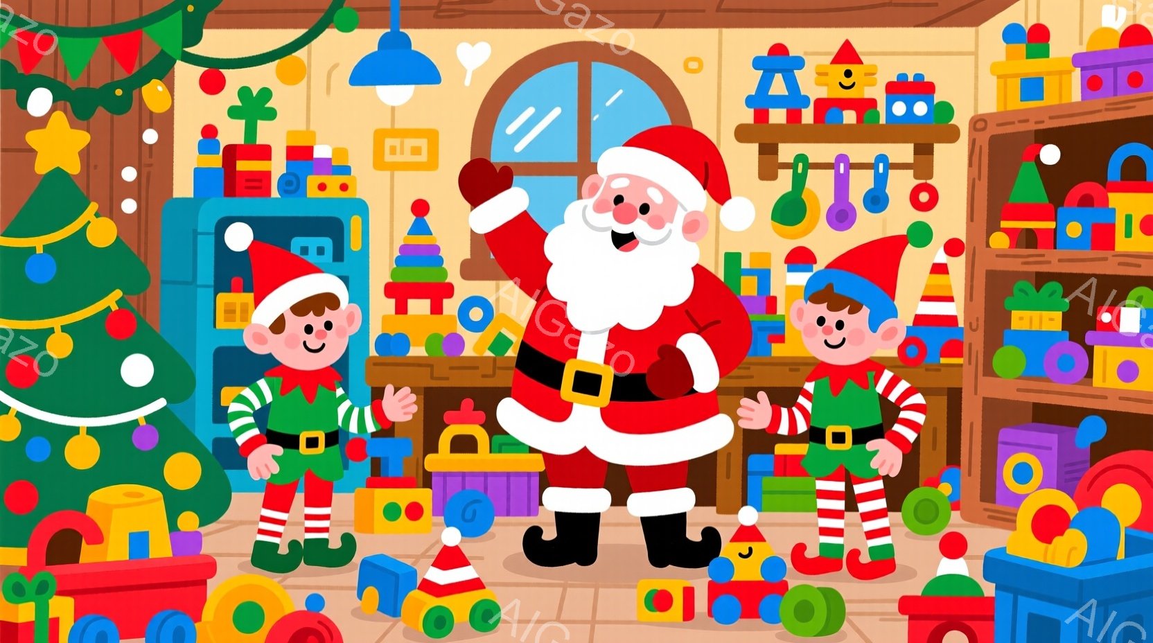 サンタクロースと2人のエルフが、おもちゃに囲まれた部屋にいます。サンタクロースは赤い服と帽子、白いひげを生やし、腕を上げて喜びを表現しています。エルフたちは緑色の服を着て、おもちゃの前で笑顔で立ってお - AI生成フリー素材