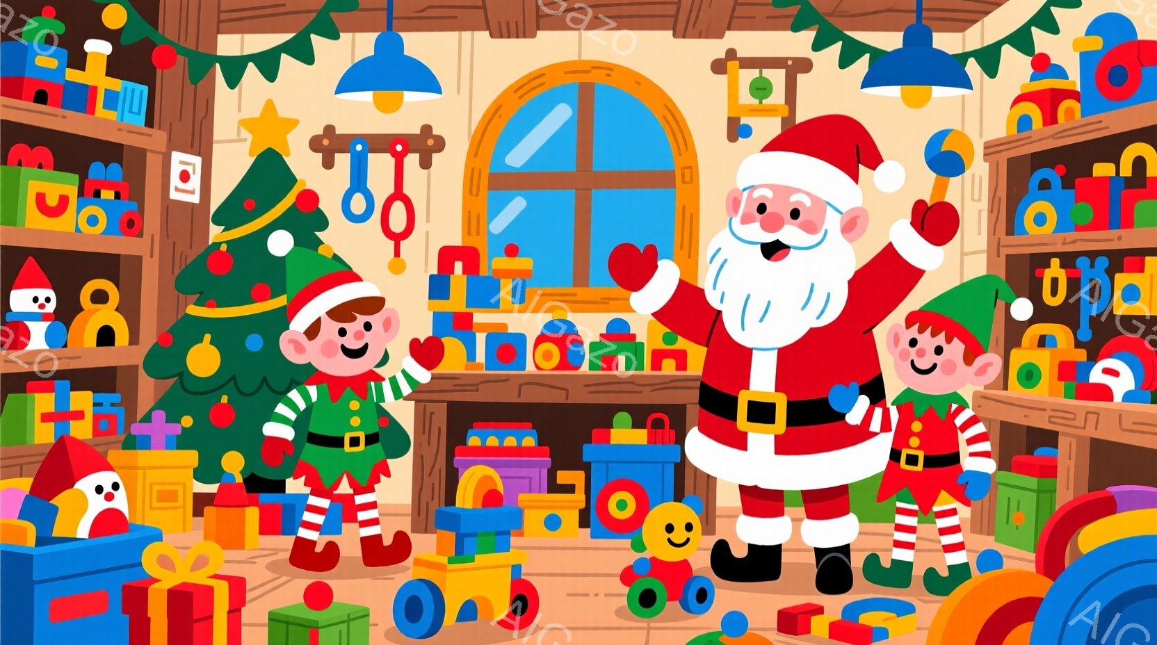 このイラストは、おもちゃでいっぱいの部屋を背景に、サンタクロースと2人のエルフが描かれています。サンタクロースは赤い衣装を着て笑顔を見せ、エルフたちは緑色の衣装に赤い帽子と靴を履いて、おもちゃに囲まれ - AI生成フリー素材