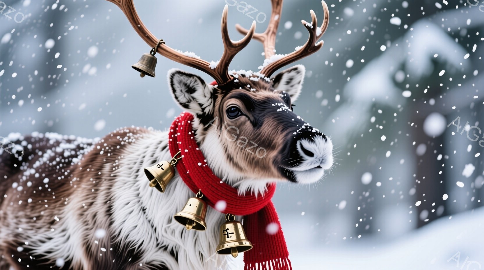 雪が舞う背景に、首に赤いマフラーを巻き、小さな金色の鐘を首飾りとして身につけたトナカイが写っている。トナカイは穏やかな表情でカメラを見つめ、堂々とした姿勢で立っている。背景は白くぼやけており、冬の静けさと穏やかさを表現している。