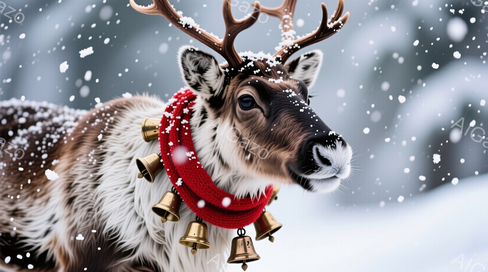 白い雪が降る中で、角を持つトナカイが正面を向いています。赤い編み物の首輪には金色の小さな鐘がいくつも取り付けられており、トナカイの茶色の毛並みとコントラストをなしています。背景はぼやけた雪景色で、全体的に穏やかで冬らしい雰囲気が漂っています。