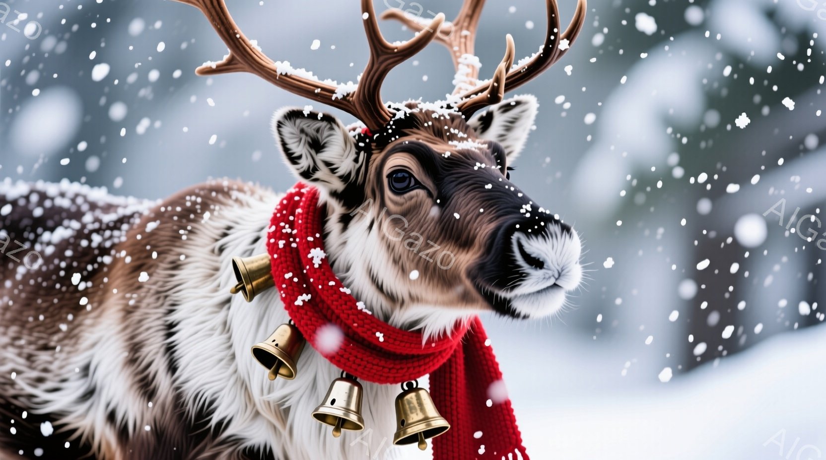 白い雪が舞う中で、大きな角と白い毛並みを持つアキソリシがこちらを見ている。赤いスカーフと首にかかる金の鈴が特徴的で、その表情は穏やかでどこか優しげである。背景はぼやけた雪景色で、冬の静けさと暖かさを感じさせる。