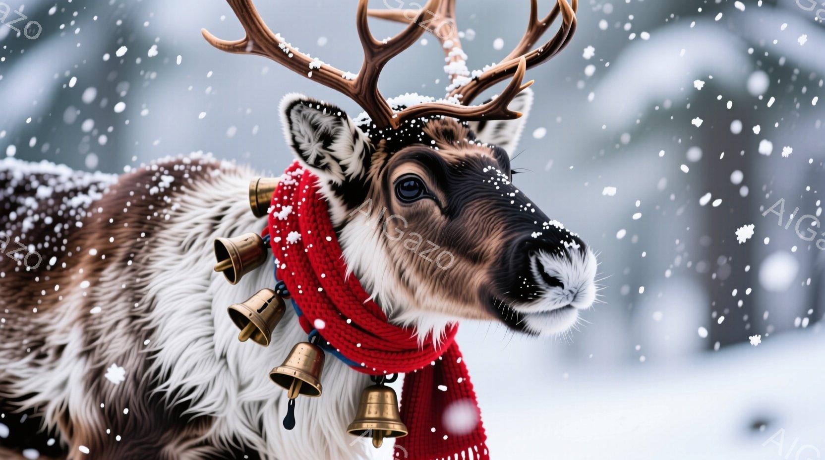白い雪が舞う背景に、アカシカが正面を向いています。首には赤い編み物のマフラーが巻かれ、小さな金のベルがいくつか吊るされています。その表情は穏やかで、冬の静けさの中に凛とした美しさを感じさせます。
