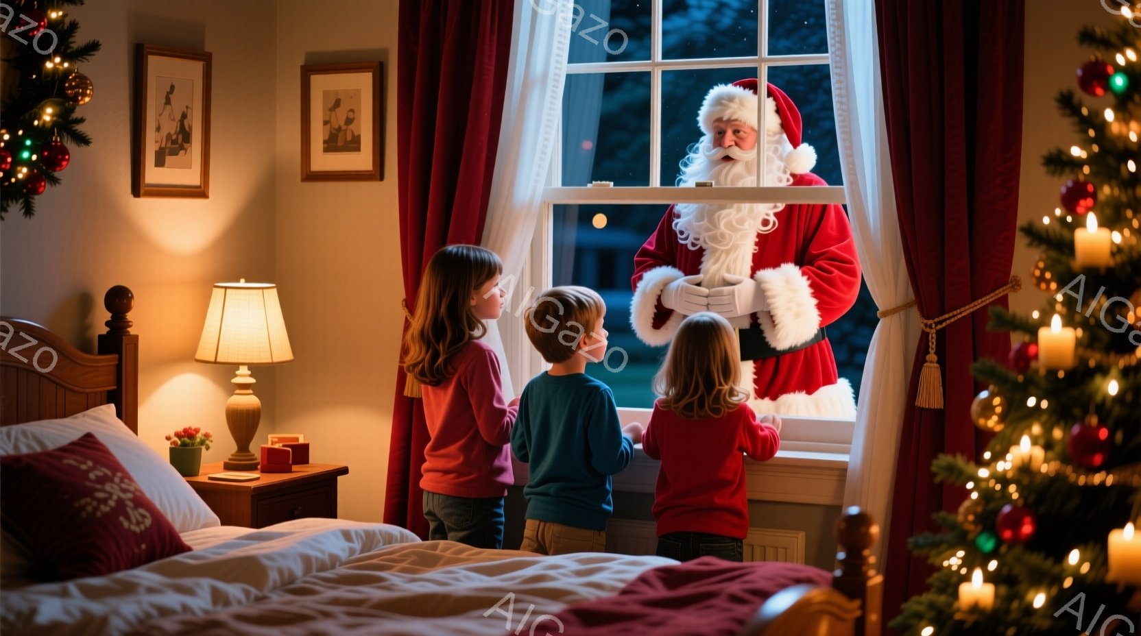 三人の子供たちは窓の外にいるサンタクロースを見上げています。子供たちはそれぞれ赤いセーター、青いセーター、そしてピンクのセーターを着ており、背中を向けているため表情はわかりません。背景には赤いカーテン、ベッド、そして装飾されたクリスマスツリーがあり、温かく、クリスマスの雰囲気に満ちた室内であることがわかります。