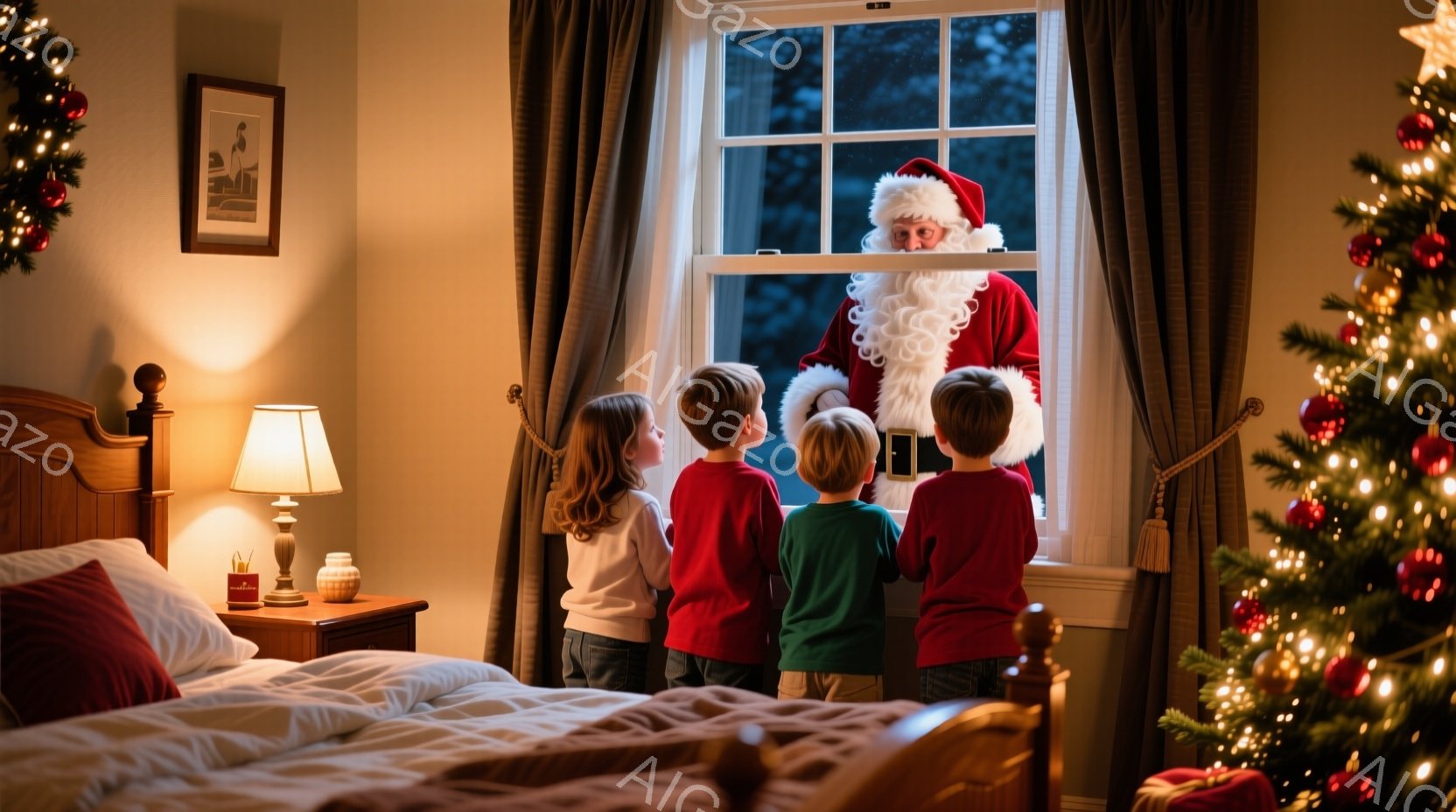 窓辺にサンタクロースが立っており、子供たちが背を向けて彼を見ている様子が描かれています。子供たちはそれぞれ白いセーターや赤いシャツを着ており、サンタクロースは伝統的な赤い服と白い髭で、笑顔を見せています。室内は暖色系の照明で照らされ、クリスマスツリーが飾られており、温かく幸せな雰囲気が漂っています。