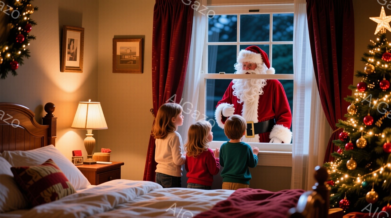暖炉の光が差し込む寝室で、幼い子供たちが窓の外に立つサンタクロースを見上げています。子供たちは白いパジャマや緑のセーターを着ており、期待と興奮に満ちた表情で両手を前に出してサンタクロースを見つめていま - AI生成フリー素材