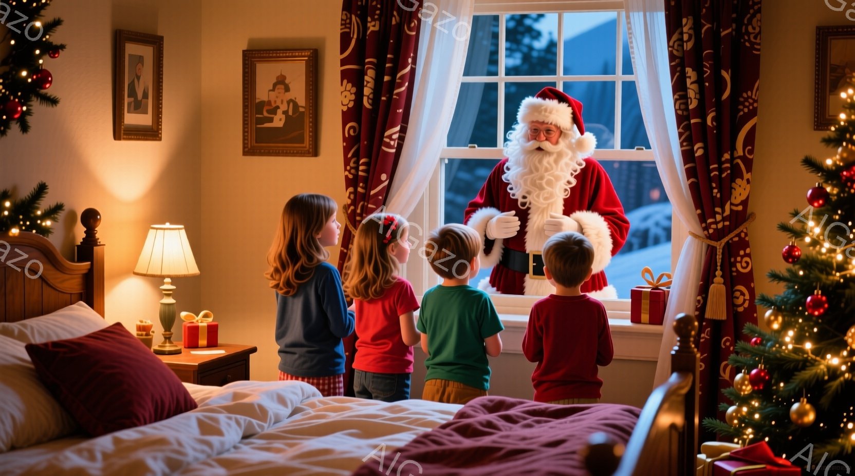 暖炉のそばの寝室で、サンタクロースが窓から姿を現し、３人の子供たちが驚きと喜びの表情で彼を見上げています。子供たちはそれぞれカジュアルな服装で、女の子は赤い髪飾りをつけています。窓の外は雪景色が広がり - AI生成フリー素材