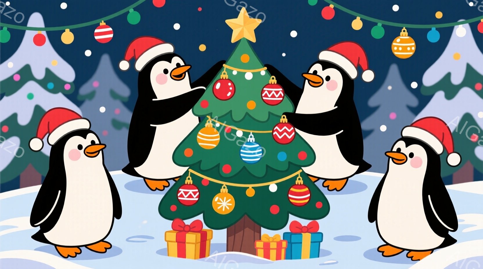 雪景色の中に、サンタ帽をかぶったペンギン３羽がクリスマスツリーの周りに集まっています。ツリーはオーナメントで飾られ、下にはカラフルなプレゼントが置かれています。全体的に明るく、暖かく、お祝いムードに満 - AI生成フリー素材