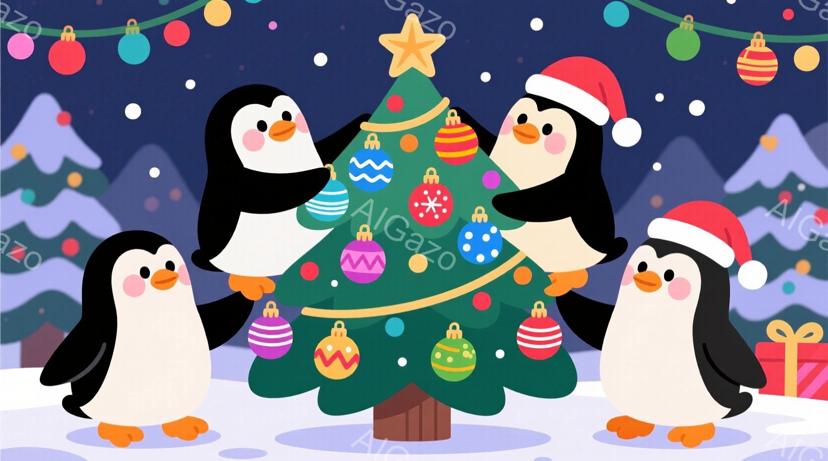 4羽のペンギンがクリスマスツリーの周りに集まり、装飾を飾っています。ペンギンたちは赤いサンタ帽をかぶり、楽しそうな表情でツリーを飾り付けており、全体的に温かく、お祝いの雰囲気が漂っています。背景には雪 - AI生成フリー素材