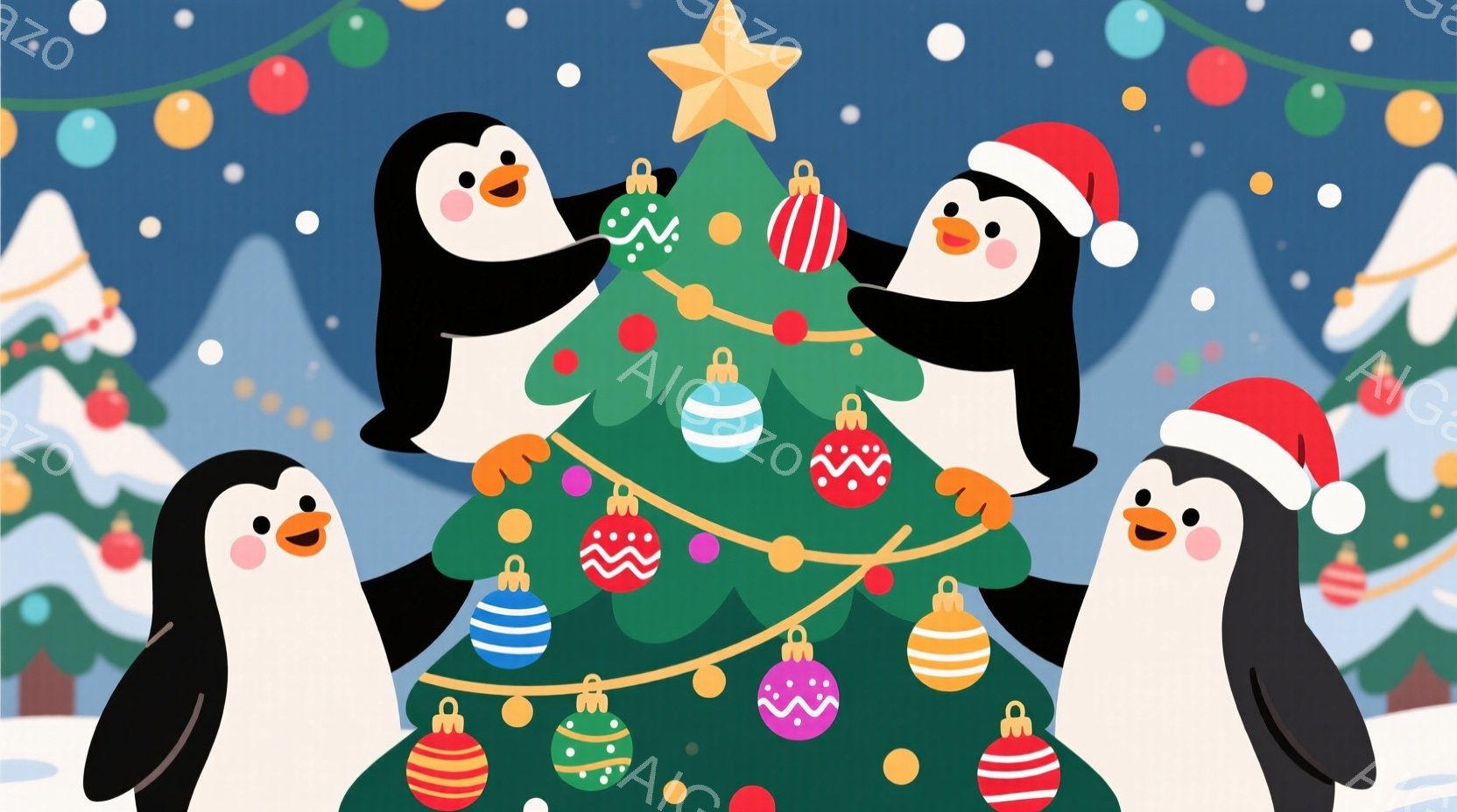 画面には、クリスマスツリーを飾り付けるペンギンたちが描かれています。ペンギンたちはそれぞれサンタの帽子をかぶり、楽しそうな表情でオーナメントを取り付けたり、ツリーの頂上の星に手を伸ばしたりしています。 - AI生成フリー素材