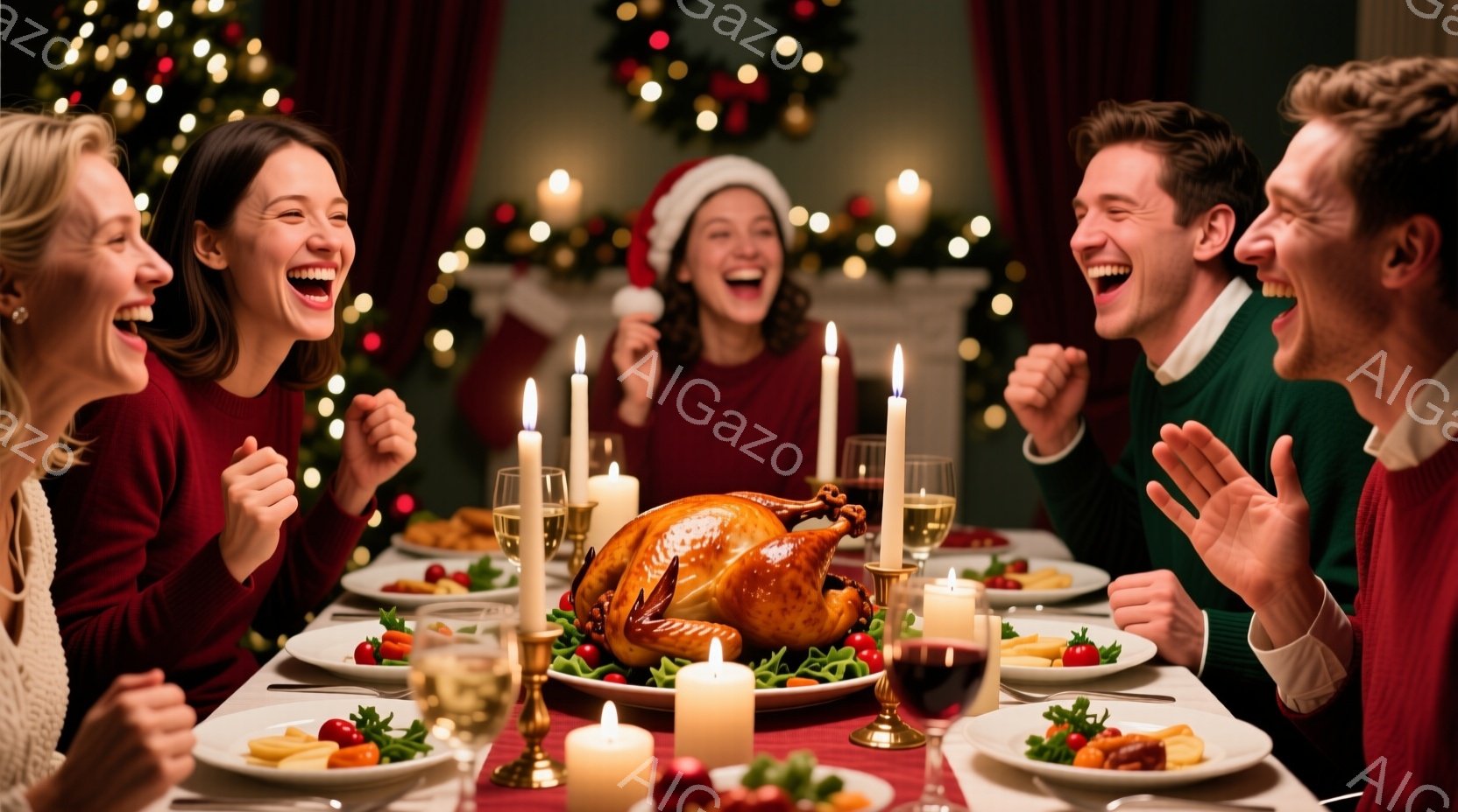 暖炉の前でクリスマスのディナーを楽しむ家族が写っています。女性は赤いニットを着ており、男性は緑色のセーターを着ています。皆、笑顔で手を叩きながら楽しんでおり、背景にはクリスマスツリーやキャンドルが飾ら - AI生成フリー素材