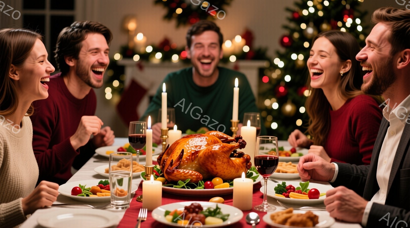 白い雪に覆われたお城が、クリスマスツリーやイルミネーションで華やかに飾られています。お城の入り口には、赤いコートを着た３人の人物が立っており、楽しそうな様子が伺えます。背景には雪を抱いた山々が広がり、夜空には星が輝き、ロマンチックで幻想的な雰囲気を醸し出しています。