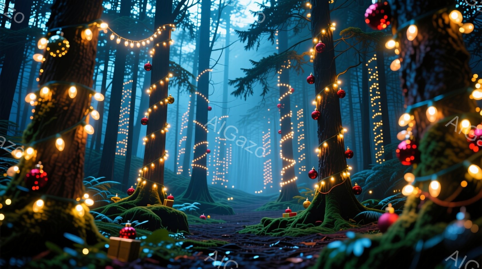 鬱蒼とした森の中に、クリスマスの飾り付けが施された幻想的な光景が広がっている。木々にはカラフルな電飾が巻き付けられ、地面にはプレゼントやキャンドルが散りばめられ、温かい光が辺りを照らしている。霧がかかった背景と、緑豊かな自然が、まるで絵本のようなクリスマスの世界観を醸し出している。