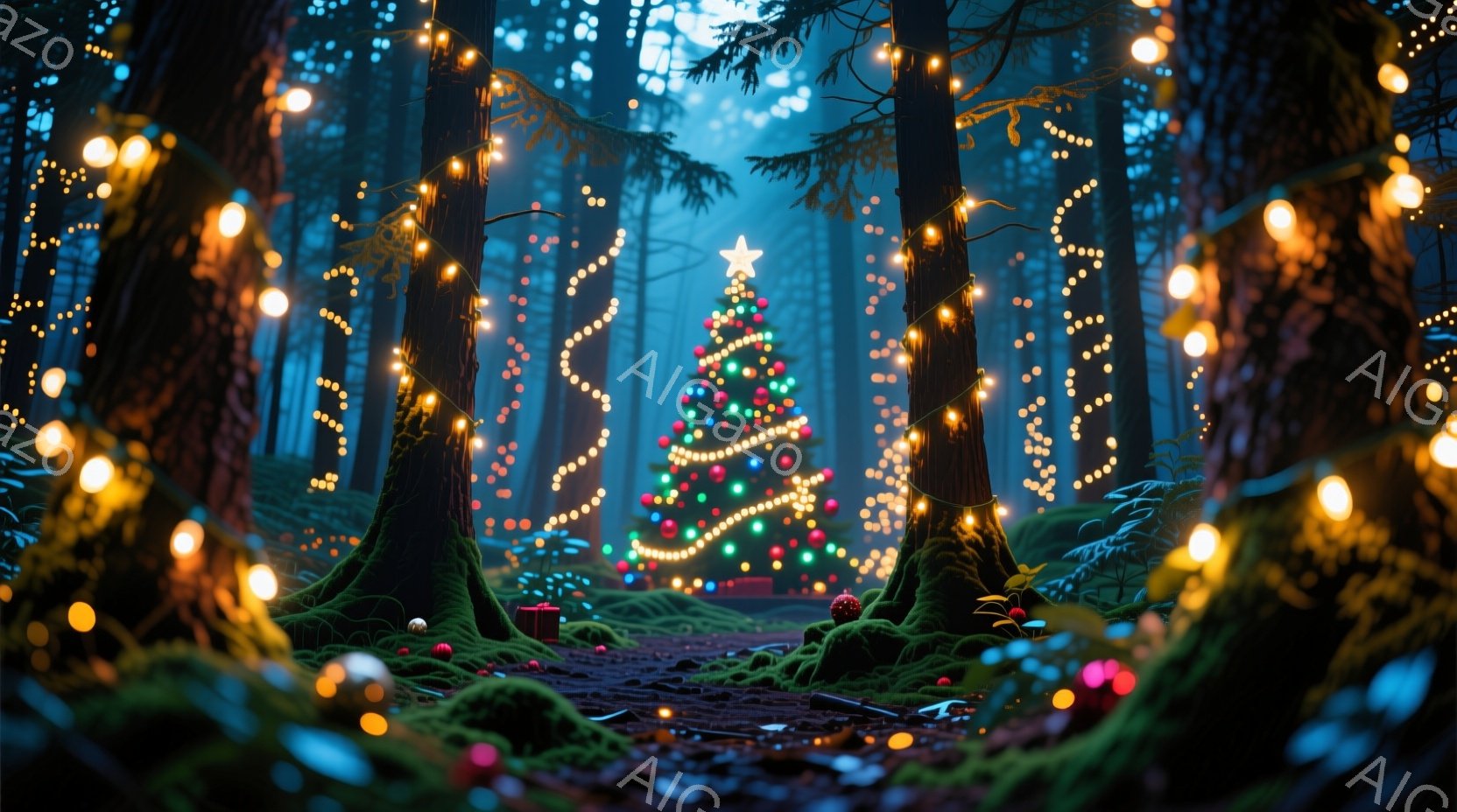 深い森の中に飾られたクリスマスツリーが印象的な画像です。木々は光のイルミネーションで飾られ、地面にはプレゼントボックスやオーナメントが散らばっています。全体的に幻想的で温かい雰囲気が漂い、冬の夜の魔法 - AI生成フリー素材