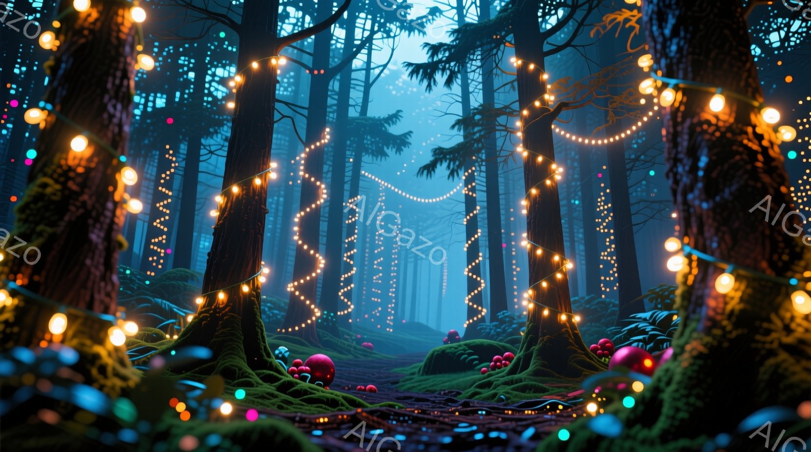 深い森の中に、緑色の苔の上に色とりどりの大きな玉が散らばり、木々の間に光る電飾が幻想的な雰囲気を醸し出しています。背景は深い青色の靄がかかり、冬の静寂さと光の温かさが対照的に表現されています。全体的に、おとぎ話のような、あるいはクリスマスの魔法のような、夢幻的な空間が広がっています。