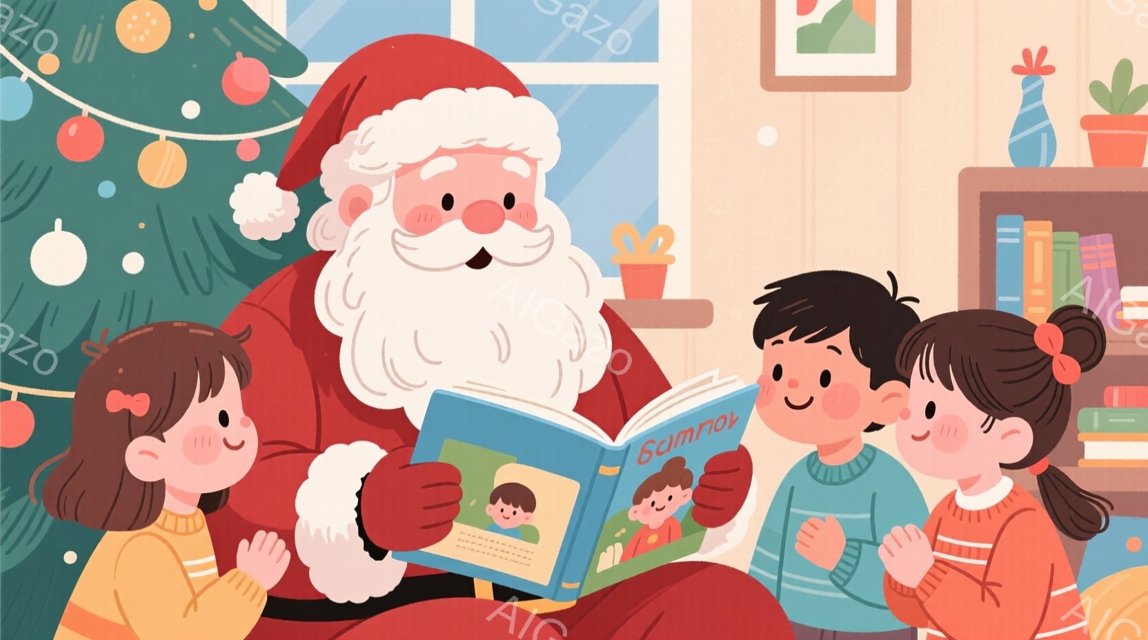 クリスマスリースが白地に映えています。濃い緑の葉、赤い実、金色のオーナメント、そして赤いリボンとベルで飾られており、華やかで温かい雰囲気を醸し出しています。背景にはぼんやりと他のクリスマス装飾が見え、冬の祝祭の喜びを表現しています。