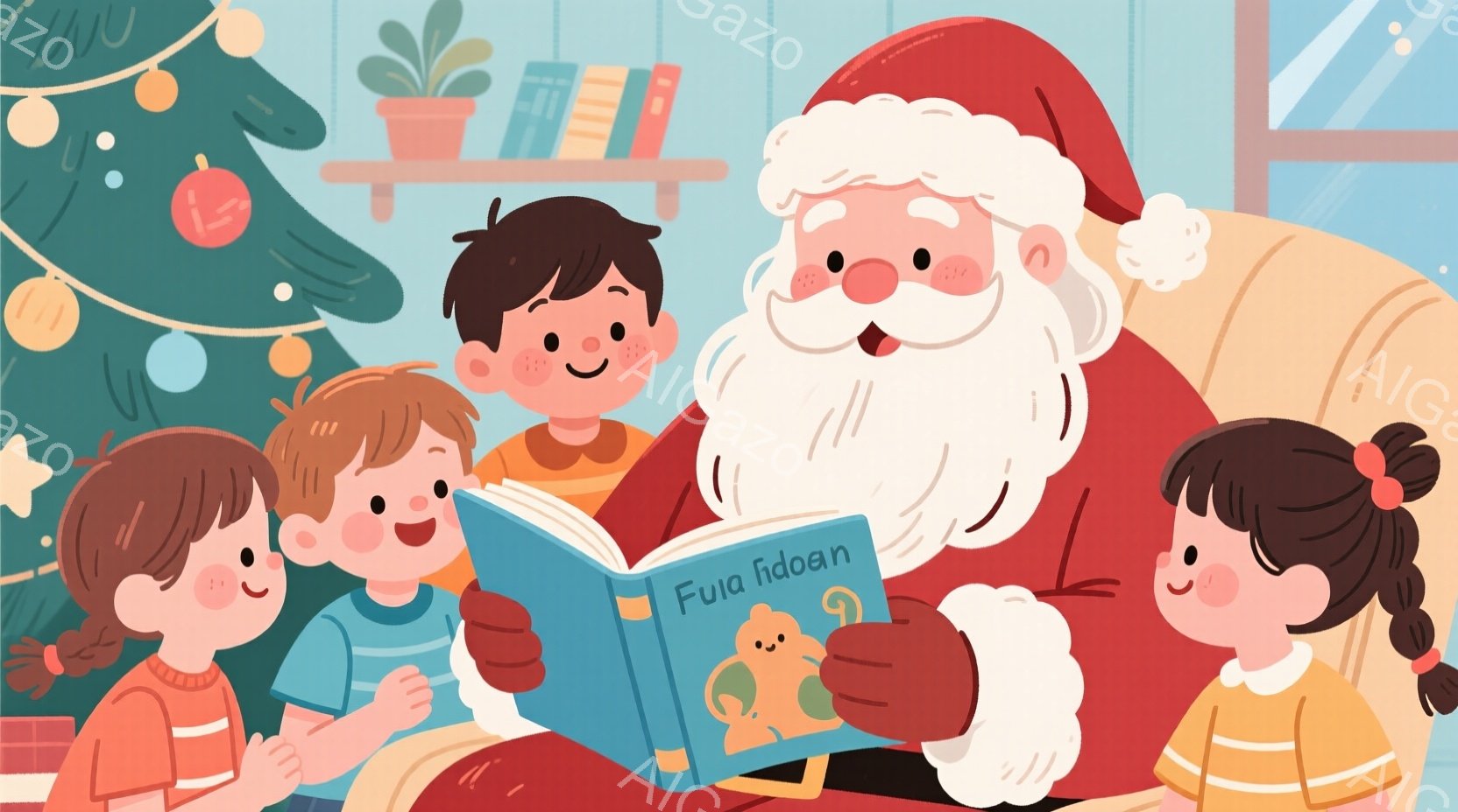 暖炉の前でサンタクロースが子供たちに絵本を読んであげています。子供たちはそれぞれ赤いセーターを着ており、笑顔で絵本に興味津々です。背景にはクリスマスツリーやプレゼント、本棚があり、温かく幸せなクリスマ - AI生成フリー素材
