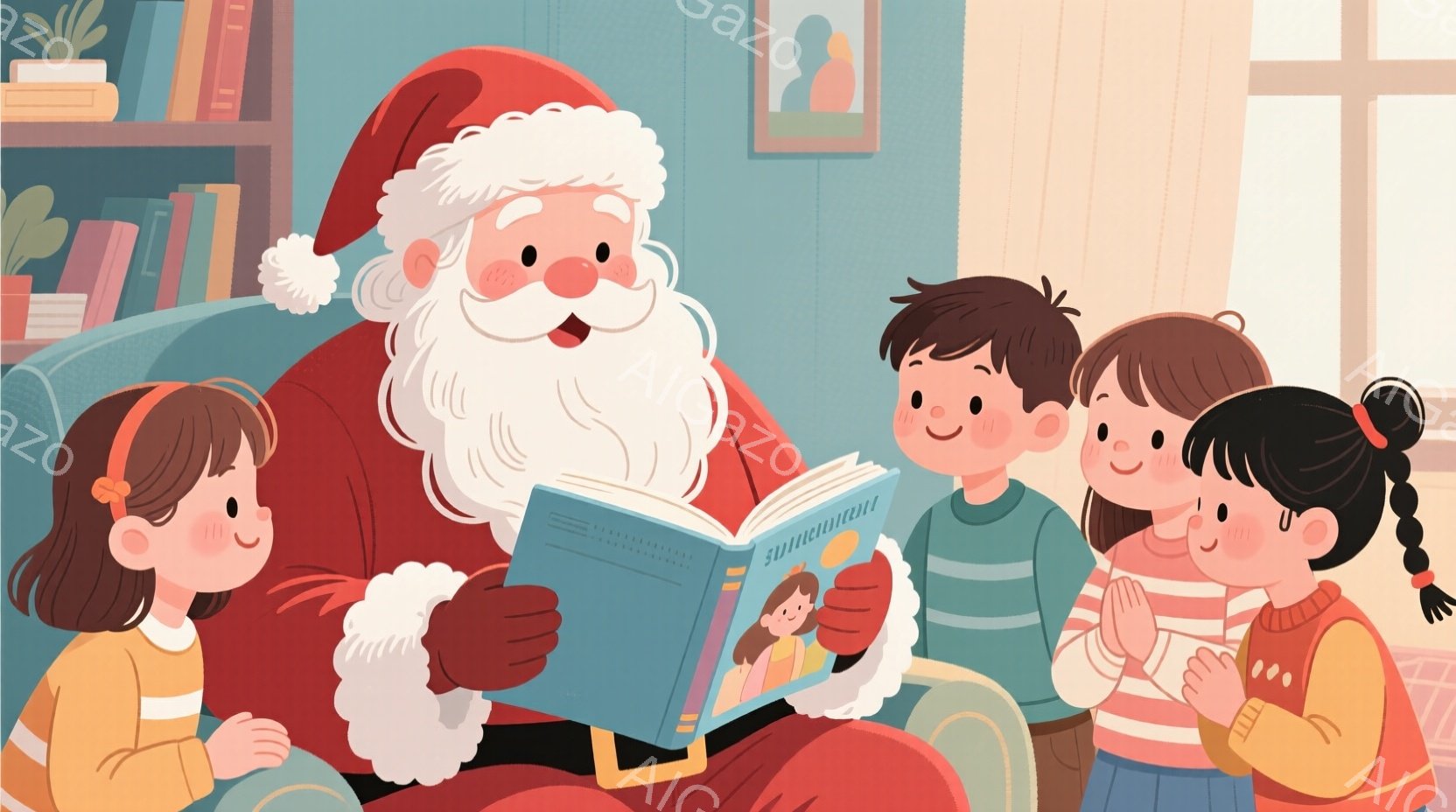 暖炉のあるリビングで、サンタクロースが数人の子供たちに絵本を読んで聞かせています。子供たちは皆笑顔で、サンタクロースの周りに集まって座っています。背景には本棚や暖炉があり、全体的に温かく、幸せなクリスマスの雰囲気が漂っています。