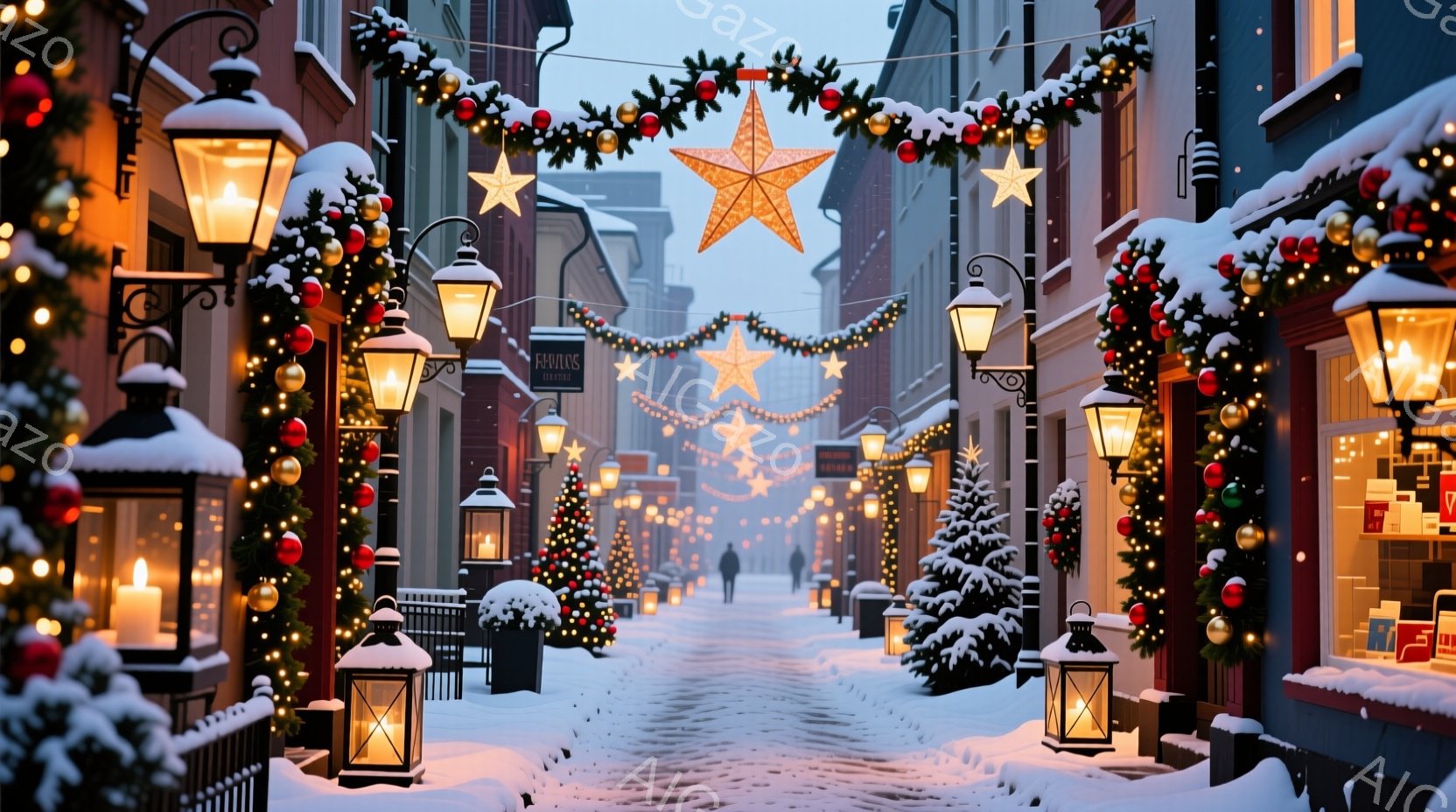街路は雪に覆われ、クリスマスの飾り付けで華やかに彩られています。路灯や建物に施されたイルミネーション、クリスマスツリー、そして空に輝く星が、暖かく幻想的な雰囲気を醸し出しています。遠くに人影が見えます - AI生成フリー素材