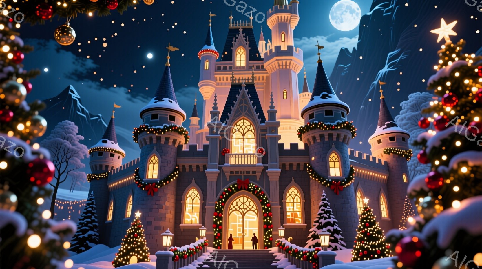 雪に覆われたお城が、クリスマスツリーやイルミネーションで華やかに飾られています。お城の正面の階段には、赤いドレスの女性と黒いスーツの男性が立っており、お城へと向かっているようです。背景には雪山がそびえ - AI生成フリー素材