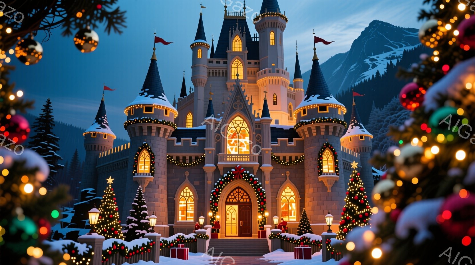 白雪と松の木に囲まれたお城が、クリスマスの飾り付けで華やかに輝いている。暖色の光が窓から漏れ出し、雪景色に温かみを添えている。背景には雪を頂いた山々が広がり、まるで冬の童話の世界のようだ。