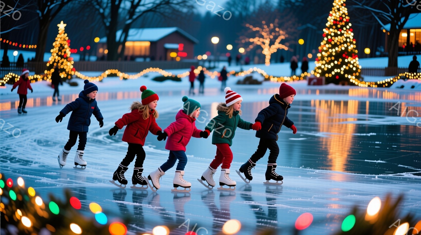 凍った湖の上で、手をつないでスケートをする子供たちが写っています。子供たちはそれぞれ赤い、緑、青の暖かいジャケットと帽子を着用し、楽しそうにリンクを滑っています。背景には、クリスマスツリーのようにライ - AI生成フリー素材