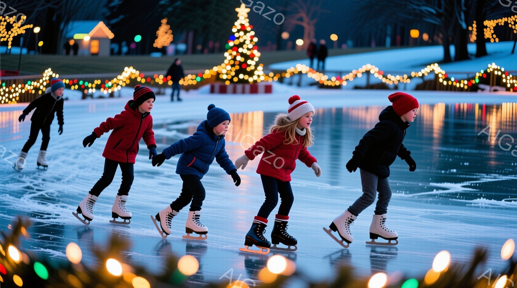 凍った湖の上を、防寒着を着た子供たちがアイススケートを楽しんでいる。赤い帽子や青い帽子をかぶり、集中した表情でリンクを滑っている。背景には、クリスマスツリーや飾り付けられた建物が見え、温かい光が灯り、冬の夜の華やかな雰囲気を演出している。