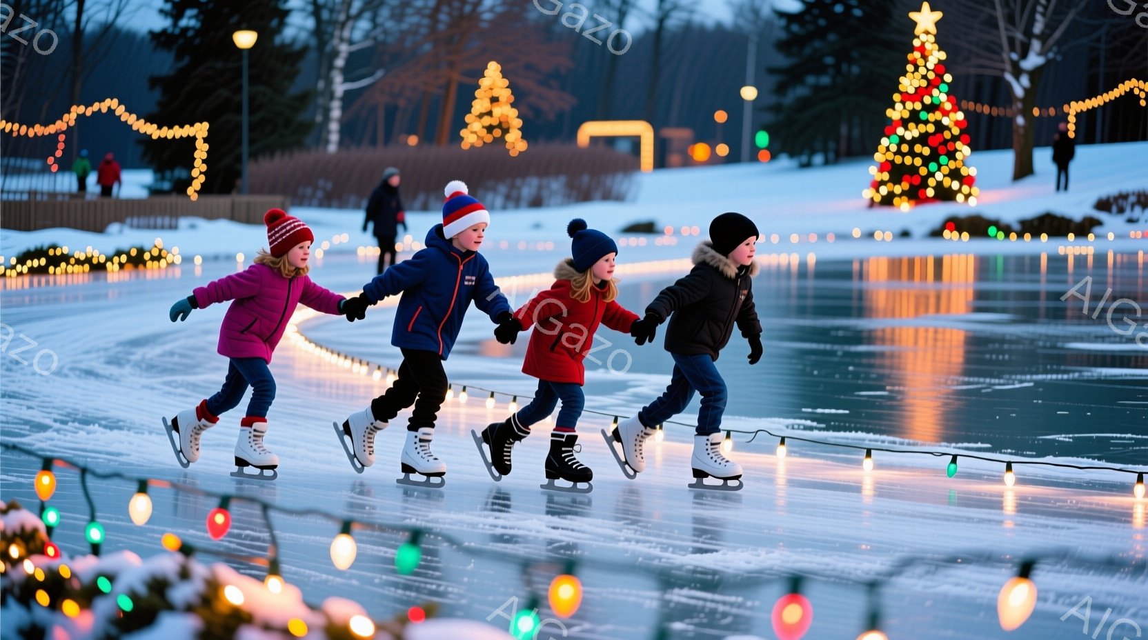 凍りついた湖の上で、4人の子供たちが手をつないでスケートを楽しんでいます。それぞれ赤い帽子や色とりどりの防寒着を着ており、滑ることに集中した表情をしています。背景には、点灯されたイルミネーションとクリスマスツリー、そして雪景色が広がり、冬の暖かく楽しい雰囲気を醸し出しています。