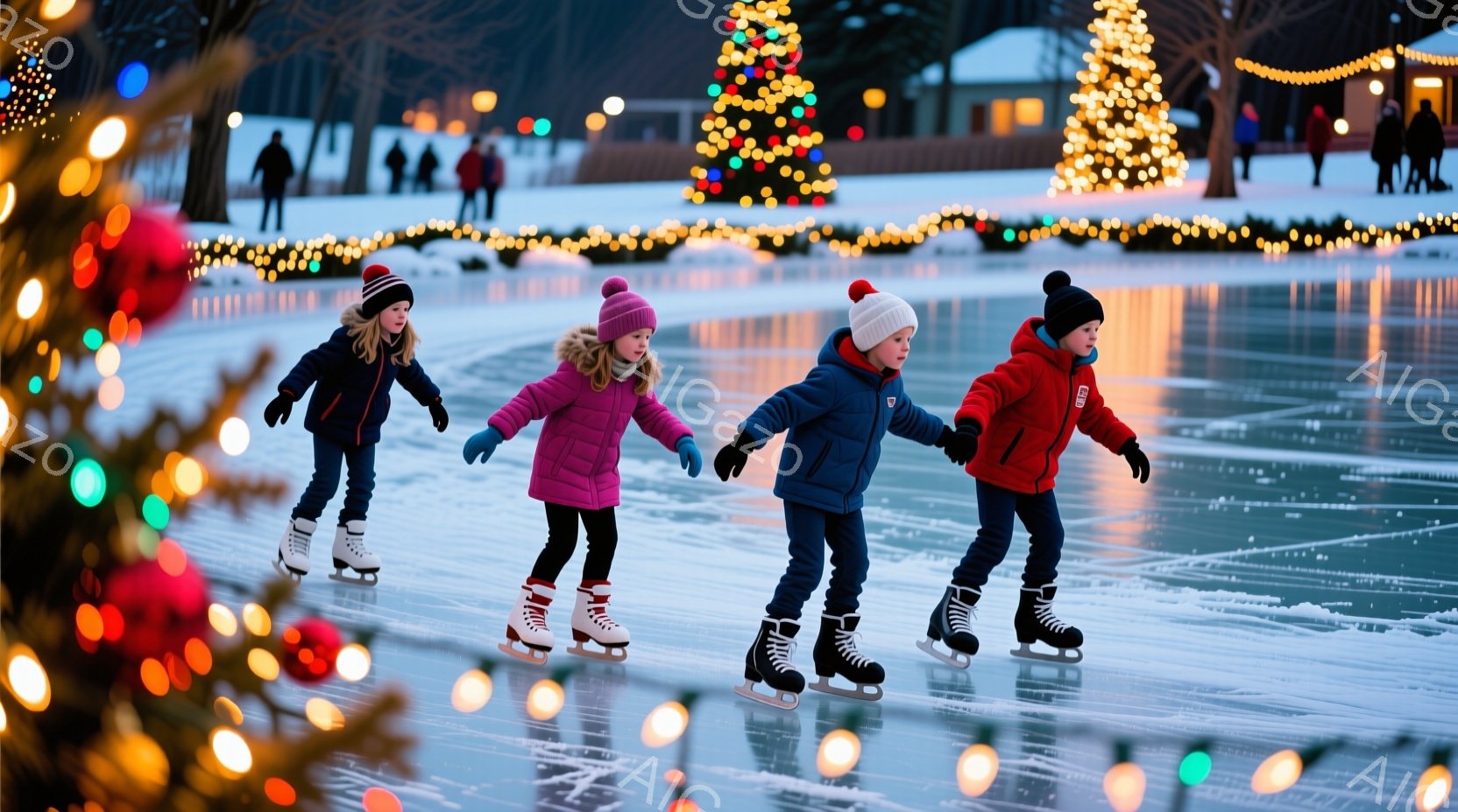 氷上を滑る四人の子供たちが写っています。それぞれ明るい色の防寒着を身につけ、頭にはニット帽をかぶっています。背景にはクリスマスツリーのイルミネーションが輝き、雪景色の中に暖かく幻想的な雰囲気が漂っています。