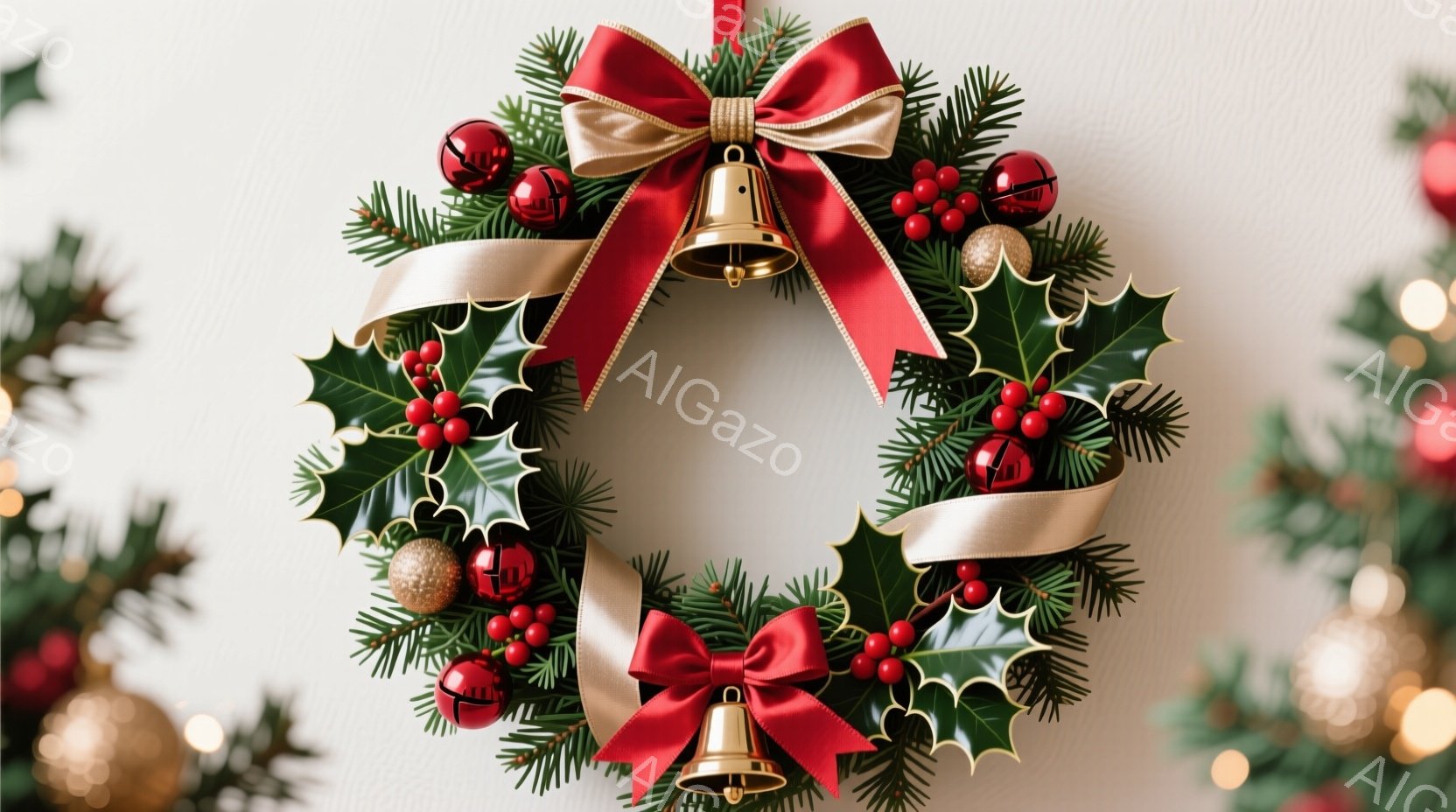 クリスマスリースが描かれており、濃い緑の葉と赤い実、金色のオーナメント、そして赤いリボンと鐘で飾られています。背景は白く、他のクリスマス装飾（キラキラ光る飾り）がわずかに見えます。全体的に、暖かくお祝いムードに満ちたクリスマスの雰囲気が漂っています。