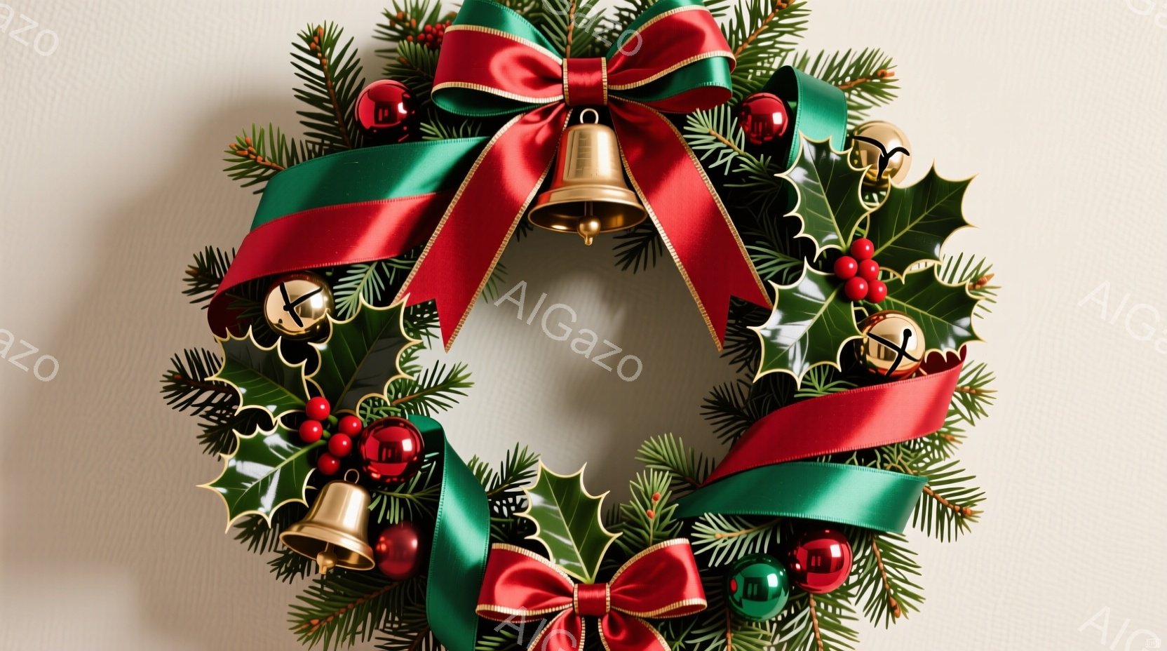 クリスマスリースが白地に映えています。深緑の葉と赤い実、金色のベルと赤いオーナメントが飾られ、赤いリボンと緑のリボンが華やかに結ばれています。全体的に温かく、お祝いの雰囲気が漂う、美しい装飾品です。