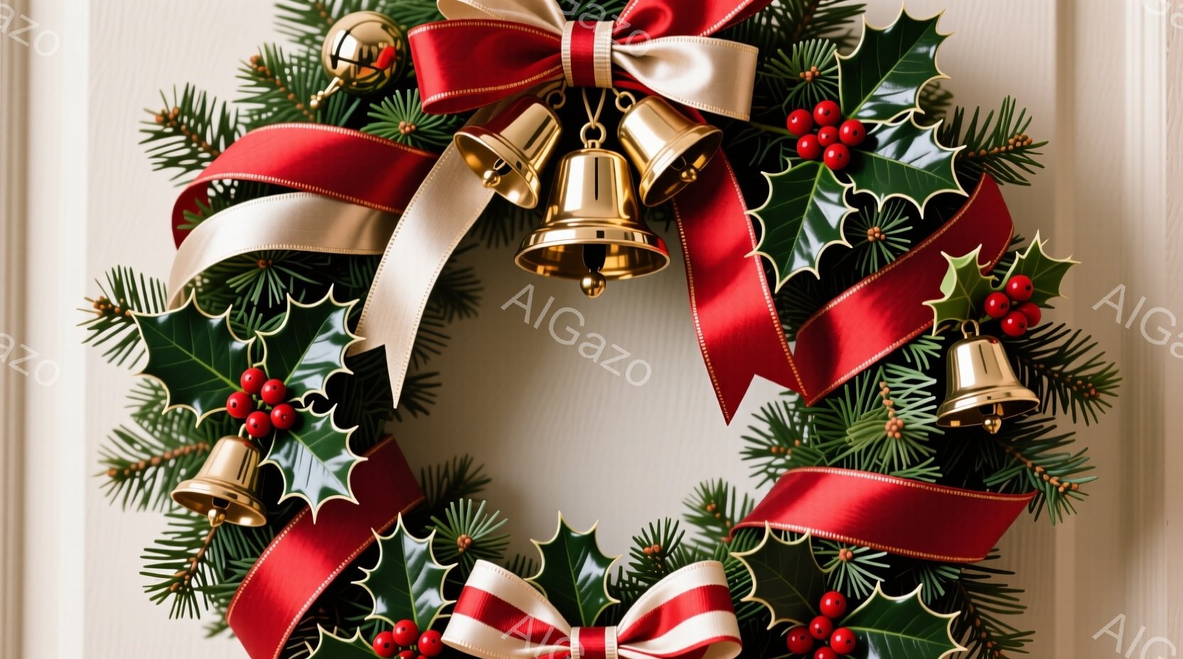 クリスマスリースが白い背景に飾られています。深い緑色の葉と赤い実、そして金色のベルがリースに飾られ、鮮やかな赤いリボンが華やかに結ばれています。全体的に暖かく、お祝いの雰囲気があり、クリスマスの喜びを表現しています。