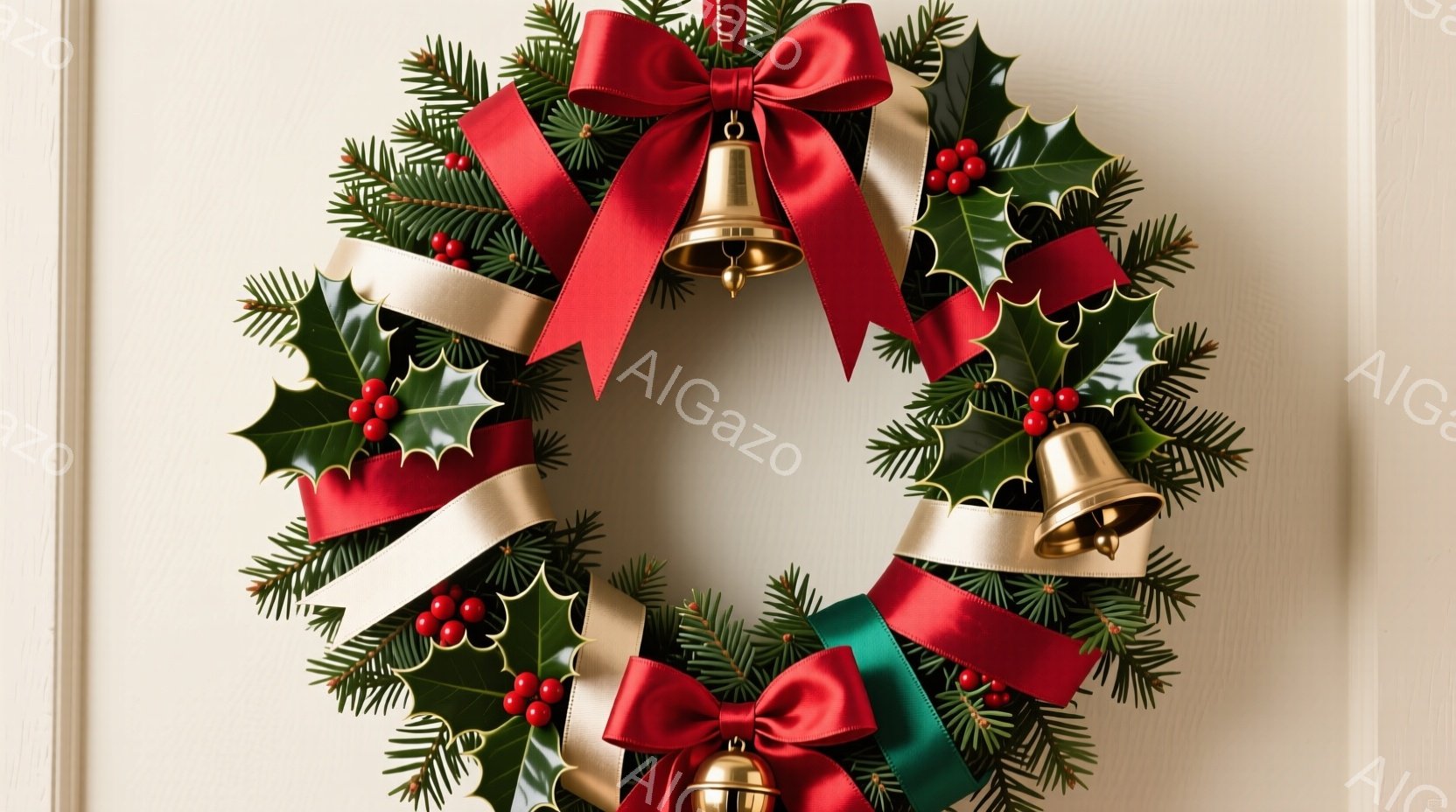 クリスマスリースが白っぽい壁に飾られています。緑色の葉と赤い実、そして金色のベルとリボンで装飾されており、リボンは赤、クリーム色、濃い緑色で、華やかな印象を与えます。全体的に温かく、祝祭的な雰囲気が漂っています。