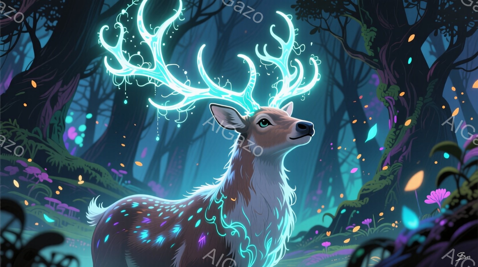 鮮やかな色彩で描かれた一頭の鹿が、夜の森の中に佇んでいます。鹿の角は光り輝き、まるでオーロラのように幻想的な雰囲気を醸し出しています。背景には、紫やピンクの花々が咲き乱れ、光の粒子が舞い散る、神秘的で美しい光景が広がっています。