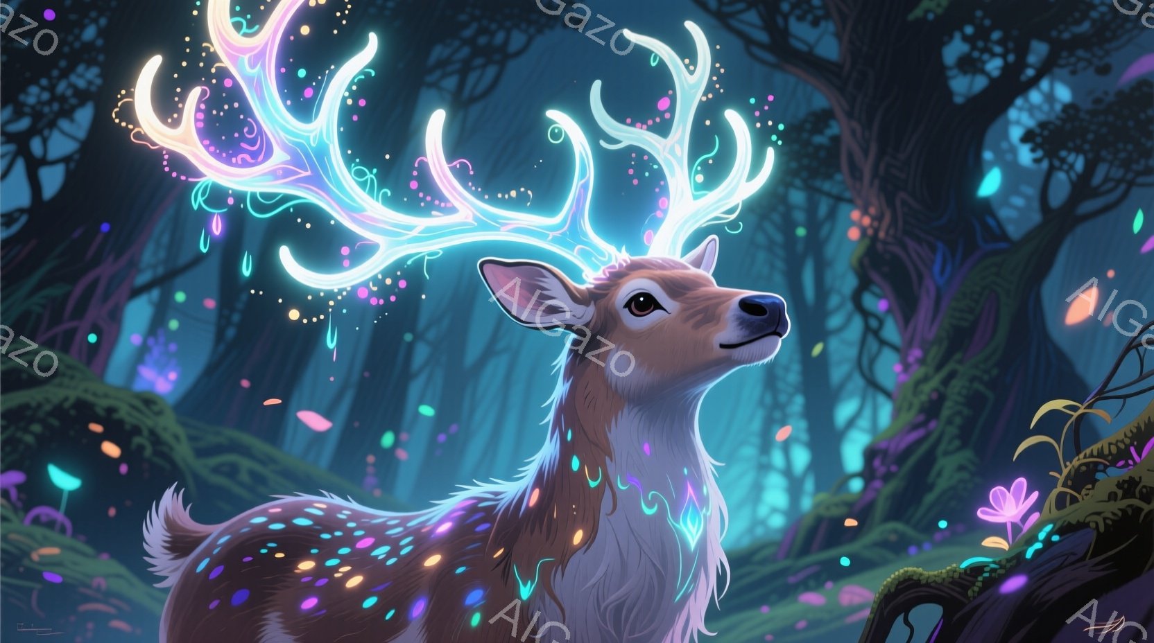 深い森の中で、輝く角を持つシカが描かれています。シカは右を向き、少し上を見上げており、その毛並みは細かく、光の粒子で彩られています。背景は暗く、緑と紫の色調で、幻想的な光の粒子が舞い、神秘的な雰囲気を - AI生成フリー素材